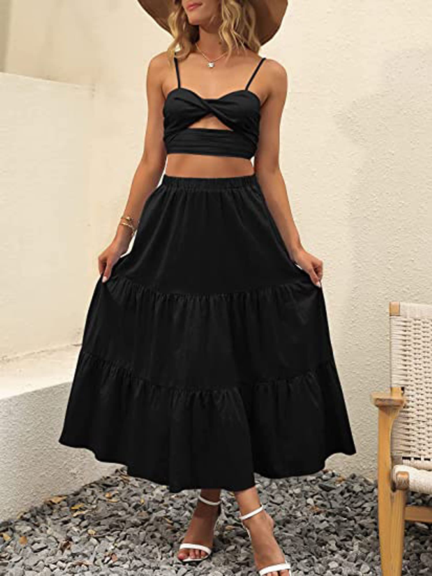 Boho Floral Maxi Dress for Women - Elastic High Waist, Pleated A-Line Swing Skirt with Pockets | Summer Beach Dress, Casual Outfit, Vacation Wear, Festival Fashion