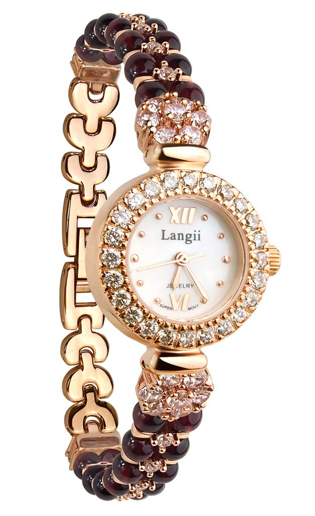 Luxury Gold Watches with Garnet Beads Bracelet for Women - Elegant Rose Gold Plated Wristwatch with Swarovski Crystals | Perfect for Parties, Weddings & Formal Occasions