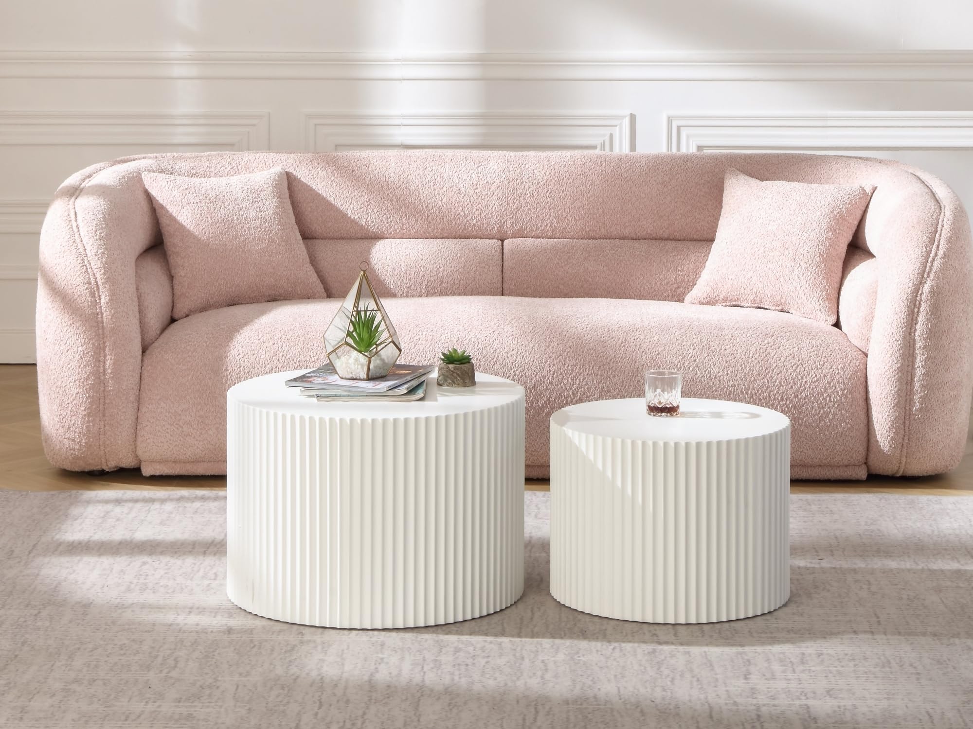 HMFULE 2-Piece Round Nesting Coffee Table Set - Modern Drum Cocktail & End Table for Living Room, Bedroom, Office - Matte White Finish - Space Saving Design for Small Spaces