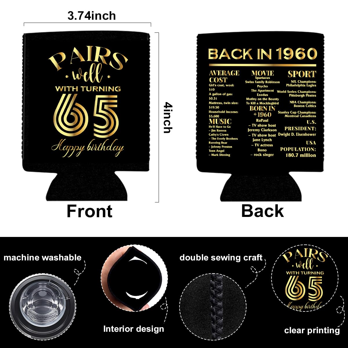 65th Birthday Gifts for Women & Men - Funny 65 Year Old Birthday Present Ideas - Happy Anniversary Party Decorations - Insulated Beverage & Beer Can Cooler Sleeves - Perfect for Retirement Celebrations, Milestone Parties & Backyard BBQs