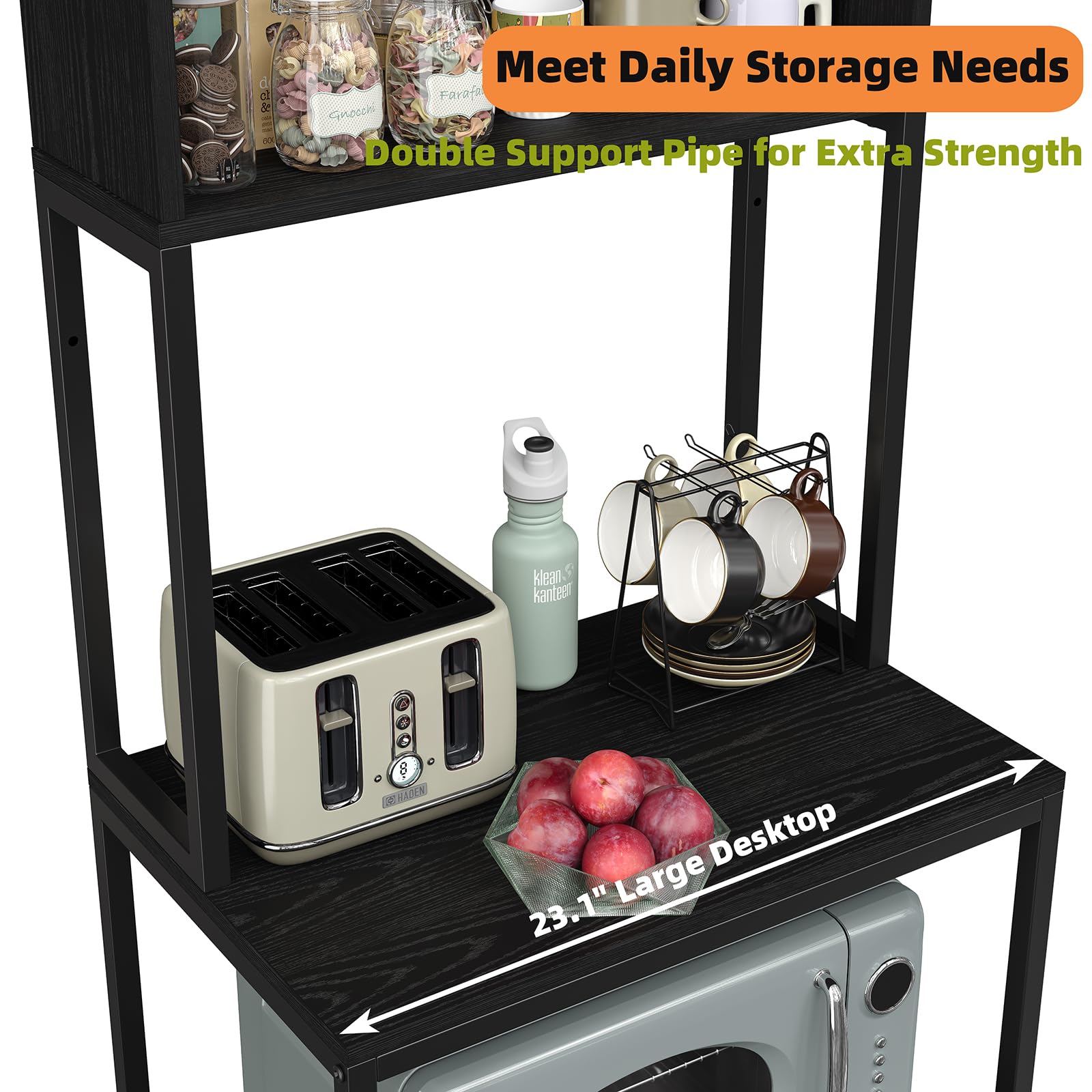 5-Tier Kitchen Bakers Rack with Power Outlet & Storage Cabinet - Industrial Microwave Stand, Coffee Cart, Black Metal Kitchen Storage Shelf for Small Spaces, Apartments & Home Organization