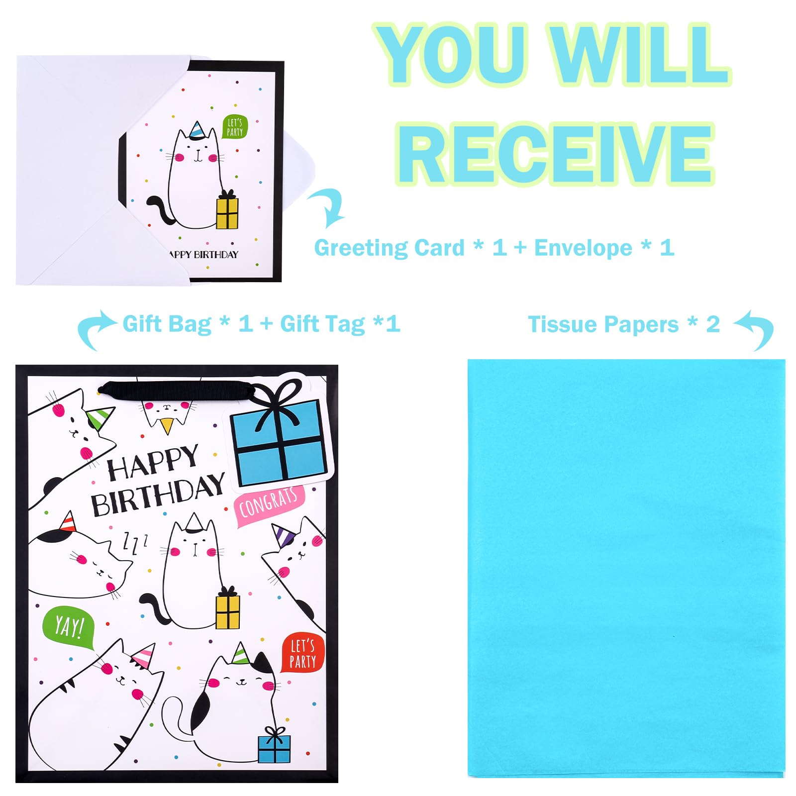 WRAPAHOLIC 13 Inch Large Birthday Gift Bags with Greeting Card & Tissue Paper - Cute Cat Design for Birthday Presents | Perfect for Party Favors, Baby Showers & Special Occasions