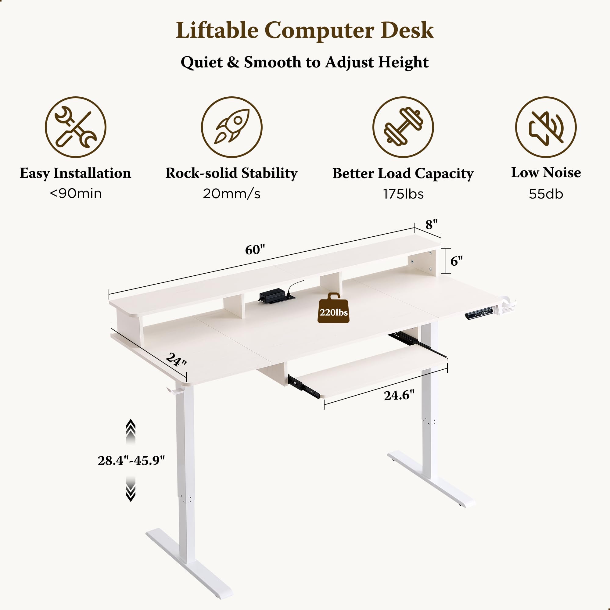 RedLemon 60 Inch Electric Height Adjustable Gaming Desk with Power Outlets, LED Lights, Keyboard Tray & Monitor Shelf - Ergonomic Standing Computer Desk for Home Office, Gaming Setup & Workstation (White)