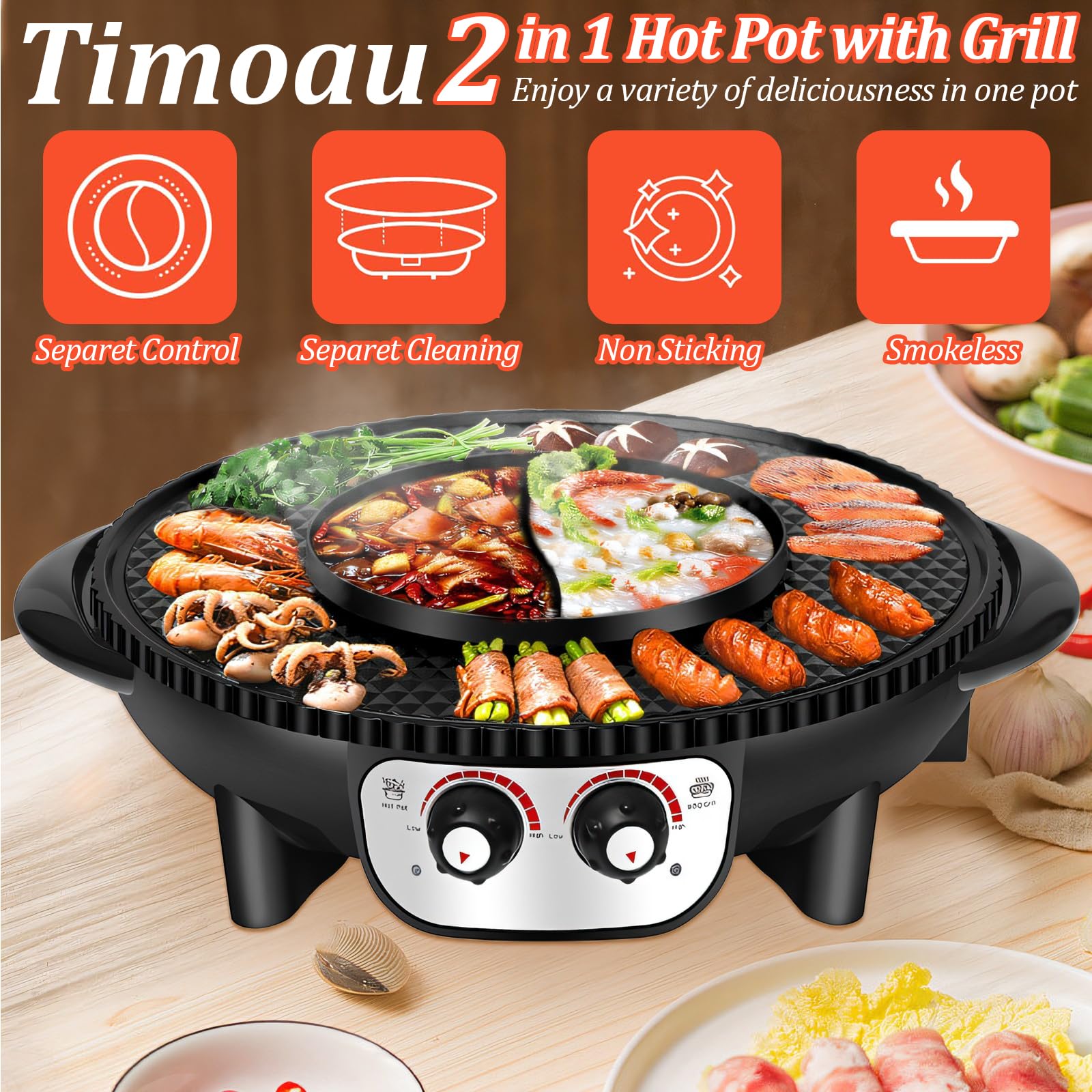 2 in 1 Electric Hot Pot & Korean BBQ Grill - Dual Temperature Control, Smokeless Nonstick Coating for Simmering, Boiling, Frying & Roasting - Perfect for Indoor Family Dinners, Parties & Asian Cuisine Cooking