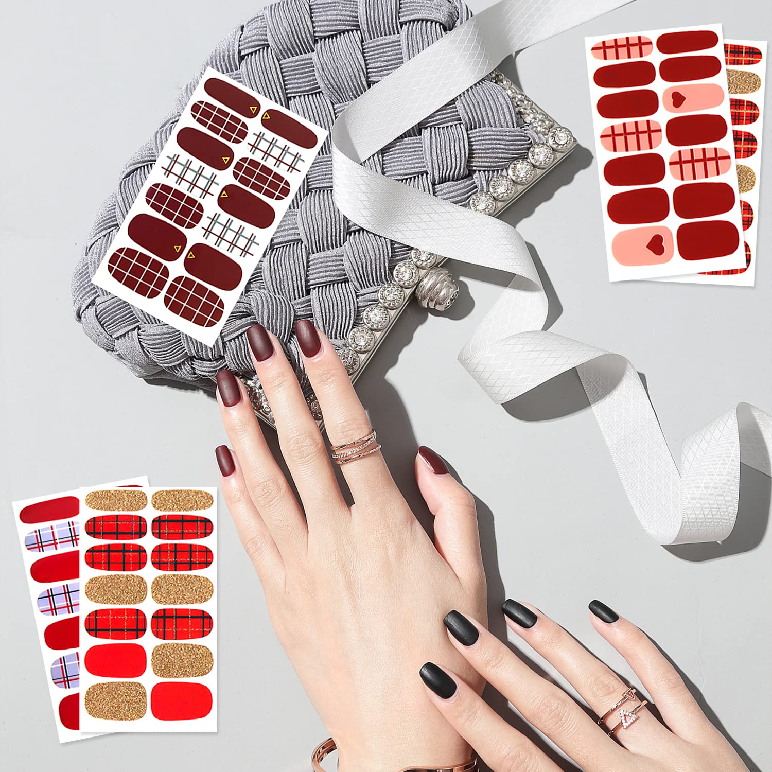 16 Sheets Red Plaid Nail Polish Strips for Women - Self-Adhesive Nail Wraps, Gel Nail Stickers with Nail File - Perfect for DIY Manicures at Home, Parties & Special Occasions