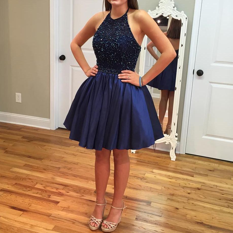 Elegant A-Line Beaded Halter Satin Homecoming Dress - Short Prom Gown for Women 2017 | Perfect for Formal Dances, Parties & Special Occasions