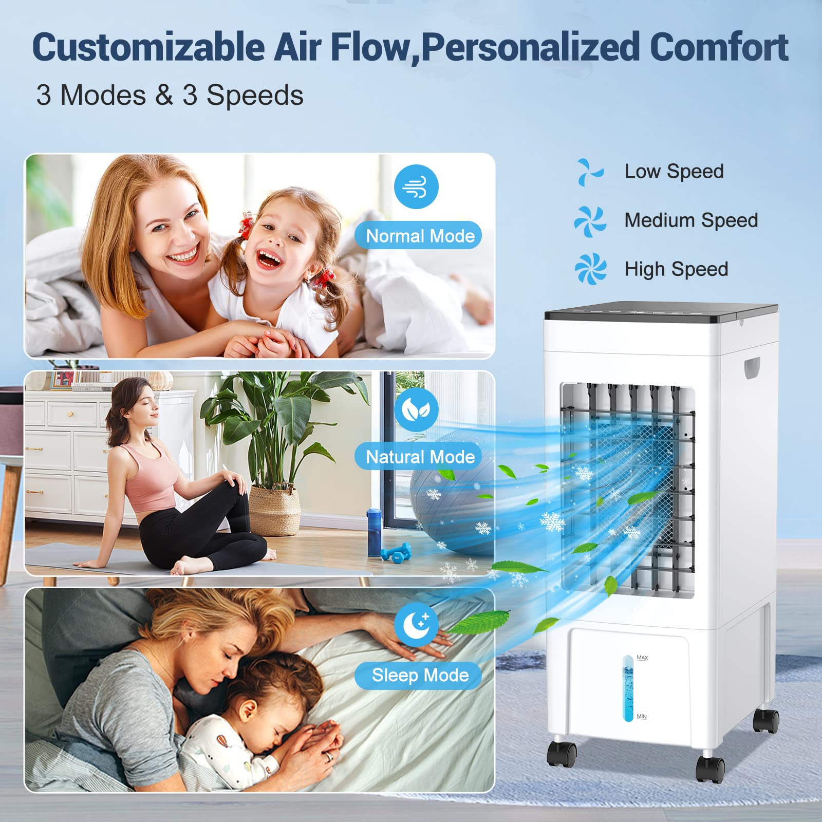 4-in-1 Portable Evaporative Air Cooler with 8L Water Tank - 60W Cooling Fan, Humidifier & Air Purifier - 3 Speed Modes, 1-8H Timer & Remote Control - Includes 4 Ice Boxes for Home, Office, Kitchen - Perfect for Summer Cooling & Indoor Air Circulation