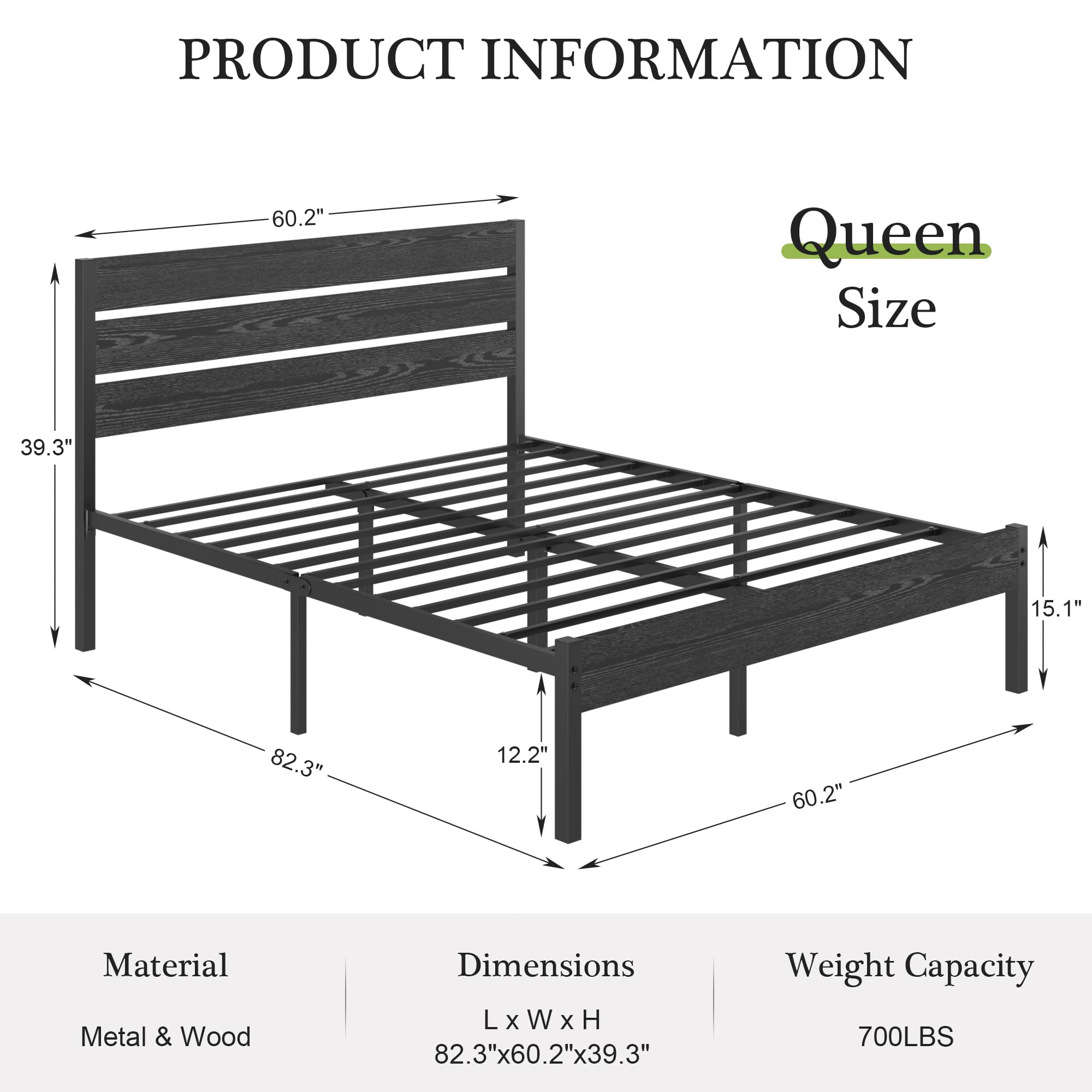 VECELO Queen Size Bed Frame with Wooden Headboard & Footboard - Heavy Duty Metal Platform Frame with Slat Support System, 12 Inch Under Bed Storage Space, No Box Spring Required in Rustic Black Finish | Perfect for Master Bedrooms, Guest Rooms & Small Apartments