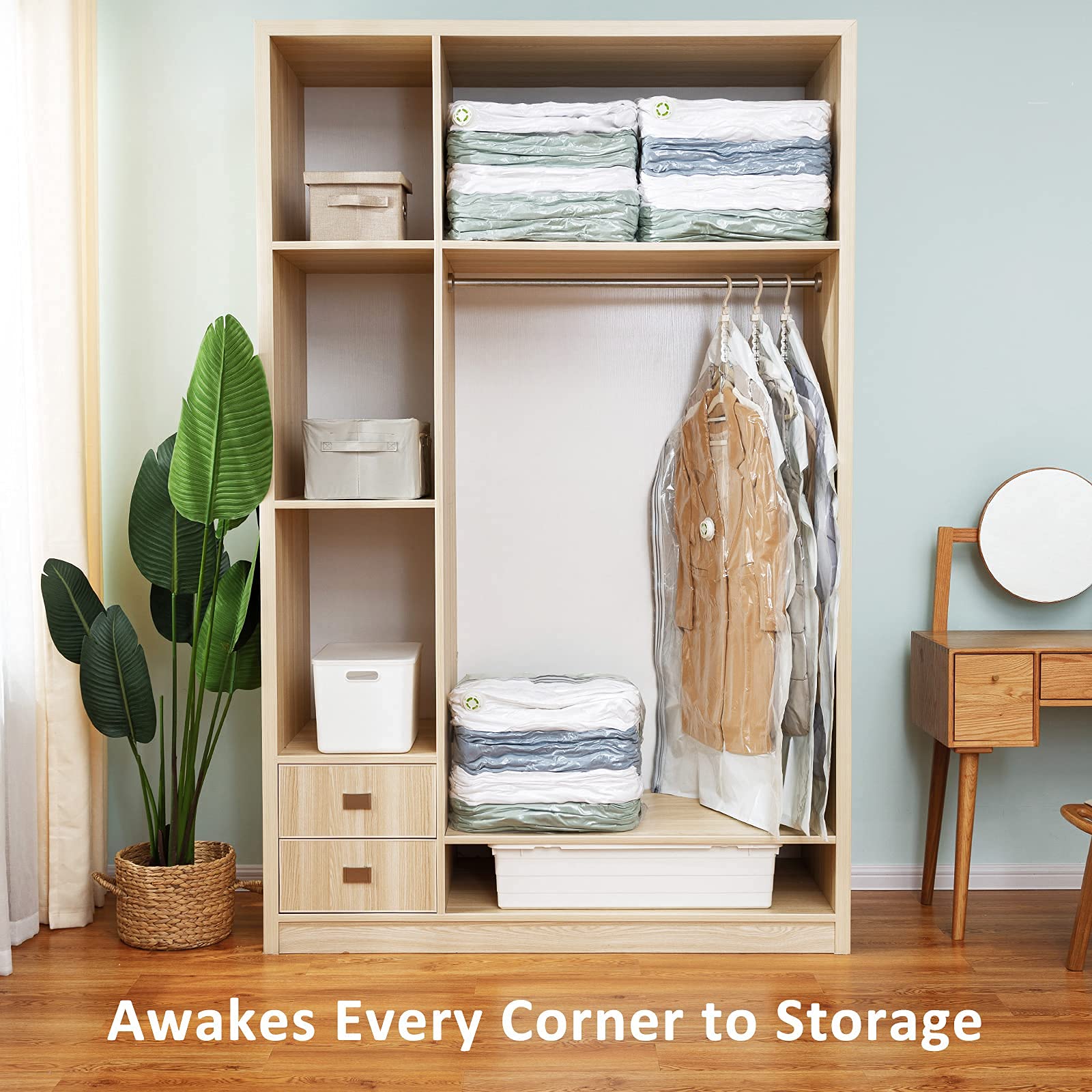 TAILI Hanging Vacuum Storage Bags (3-Pack) & Cube Vacuum Storage Bags (9 Jumbo Pack) - Space Saving Closet Organizers for Seasonal Clothes, Blankets & Travel Luggage