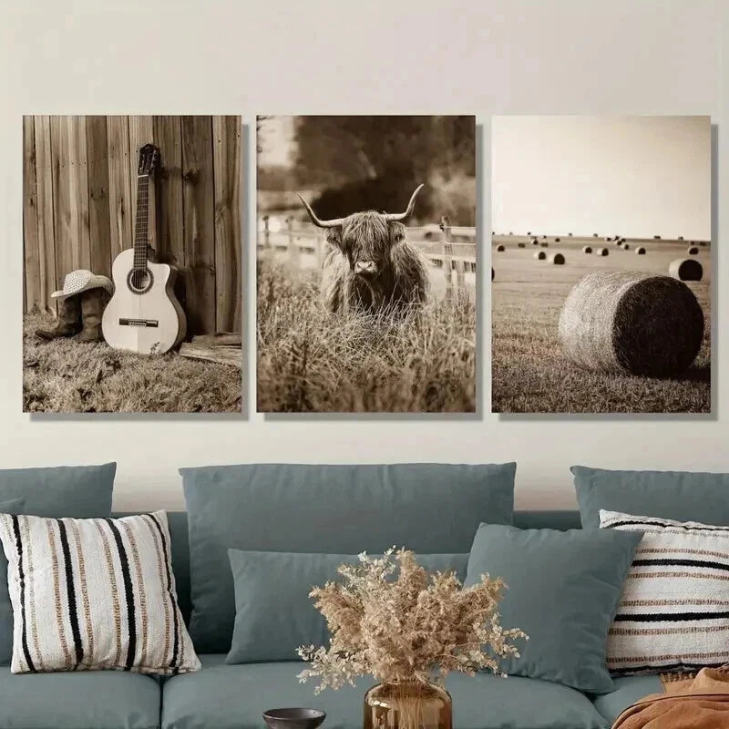 3-Piece Vintage Highland Cow & Guitar Wall Art Set - Framed Canvas 50x70cm - High Quality Print - 100% Australian Made - Ready to Hang - Perfect for Living Room, Bedroom & Office Decor