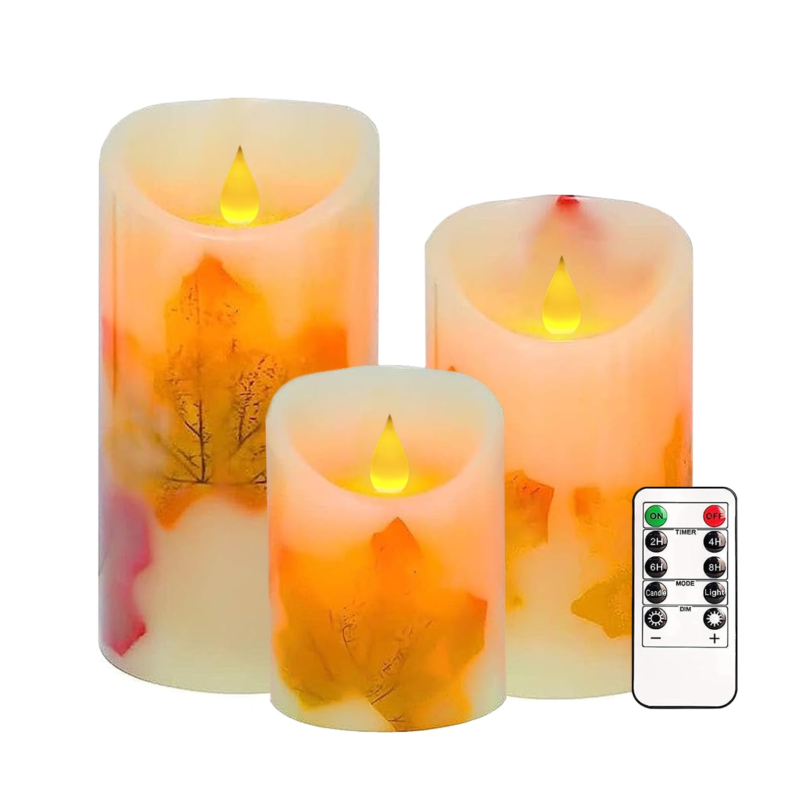 Flameless LED Candles Set of 3 - Maple Leaf Flickering Battery Operated Pillar Candles with Remote Control, Timer & Dimmable Brightness - Perfect for Thanksgiving, Halloween, Fall Harvest Decor, Home Centerpiece, Wedding, Romantic Dinner & Holiday Lighting