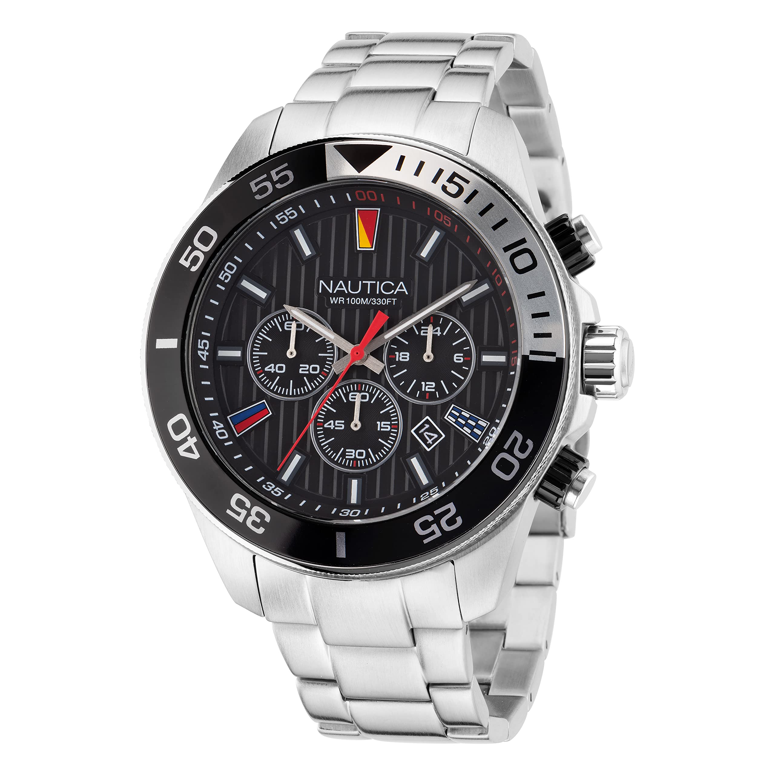 Nautica Men's NAPNOS306 Eco-Friendly Watch - 85% Recycled Stainless Steel Bracelet & Black Silicone Strap - Waterproof Casual & Dress Watch for Everyday Wear