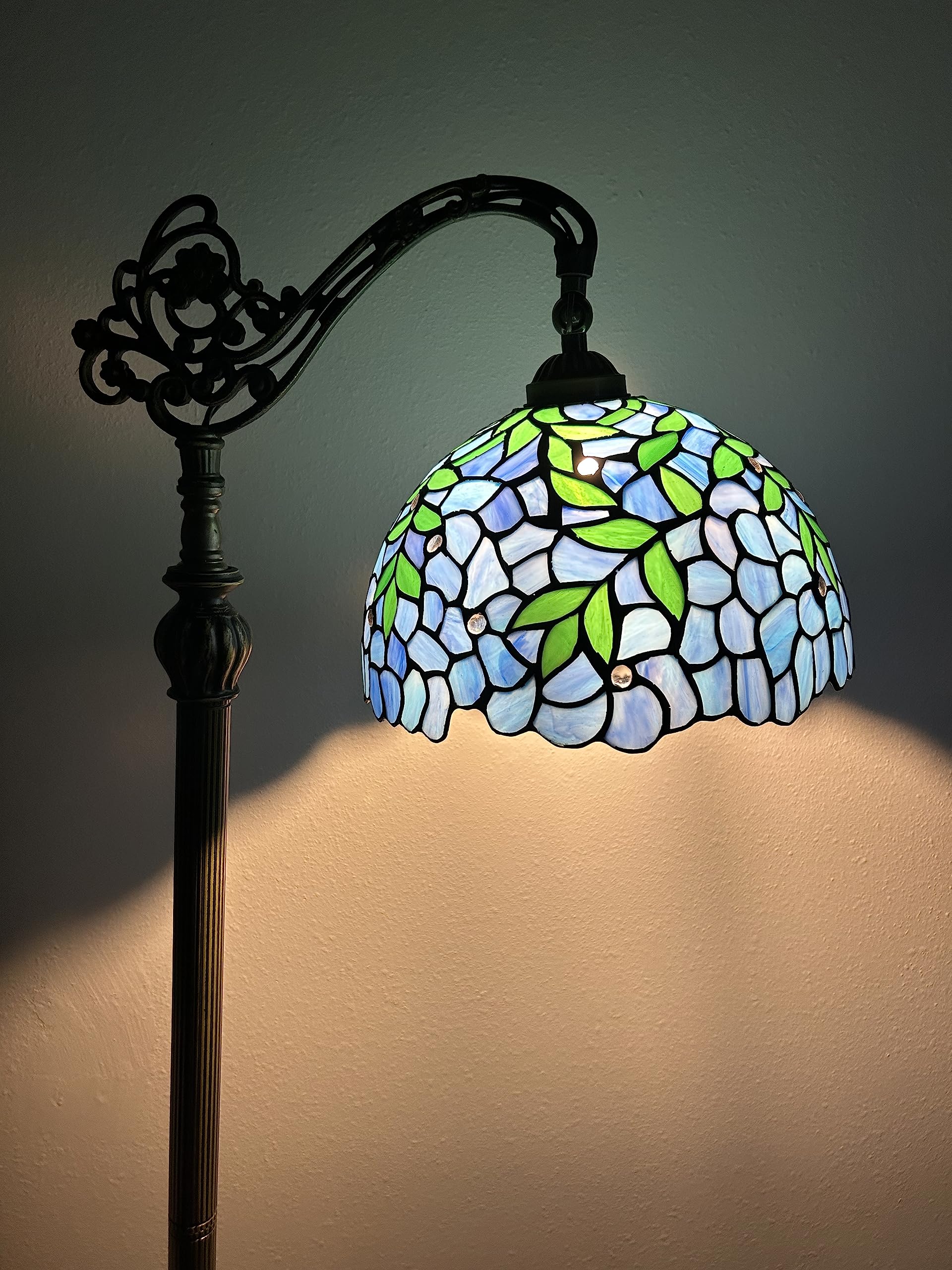 Tiffany Style Floor Lamp with Blue Stained Glass and Green Leaves Design - Adjustable Gooseneck, Includes LED Bulb - Perfect for Living Room, Bedroom, or Office Decor (20