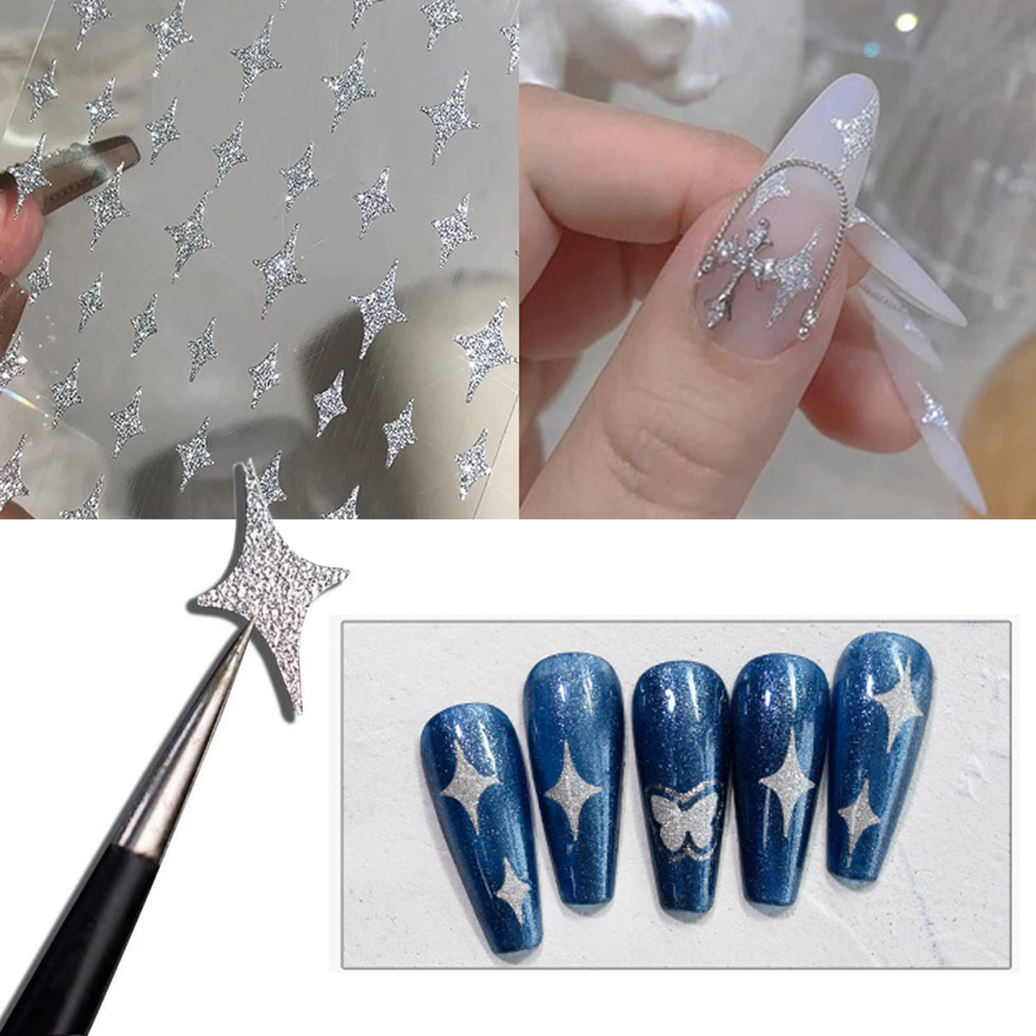 3D Silver Nail Art Stickers - Self-Adhesive Nail Decals with Flame, Butterfly, Stars, Bear, Love Heart Designs for Women & Girls | Perfect for Manicure, Nail Art Decoration & Party Looks (6 Sheets)