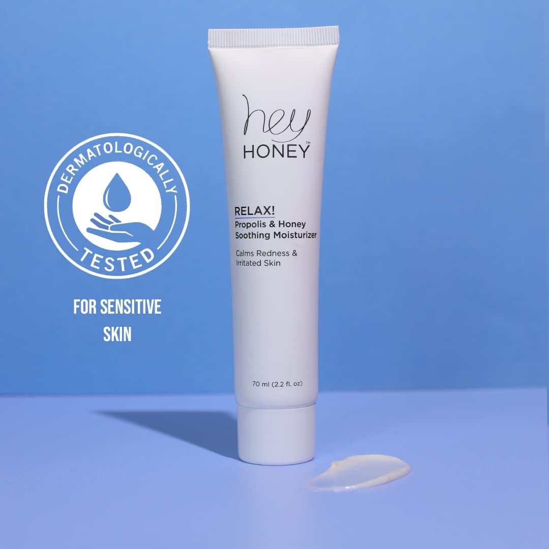 Hey Honey Skincare Relax - Instant Rosacea Treatment & Face Redness Relief | Dermatologist-Tested Calming Moisturizer for Sensitive Skin | Oil-Free with Honey & Propolis | Anti-Aging Benefits | 2.2 Oz | Perfect for Daily Soothing & Redness Reduction