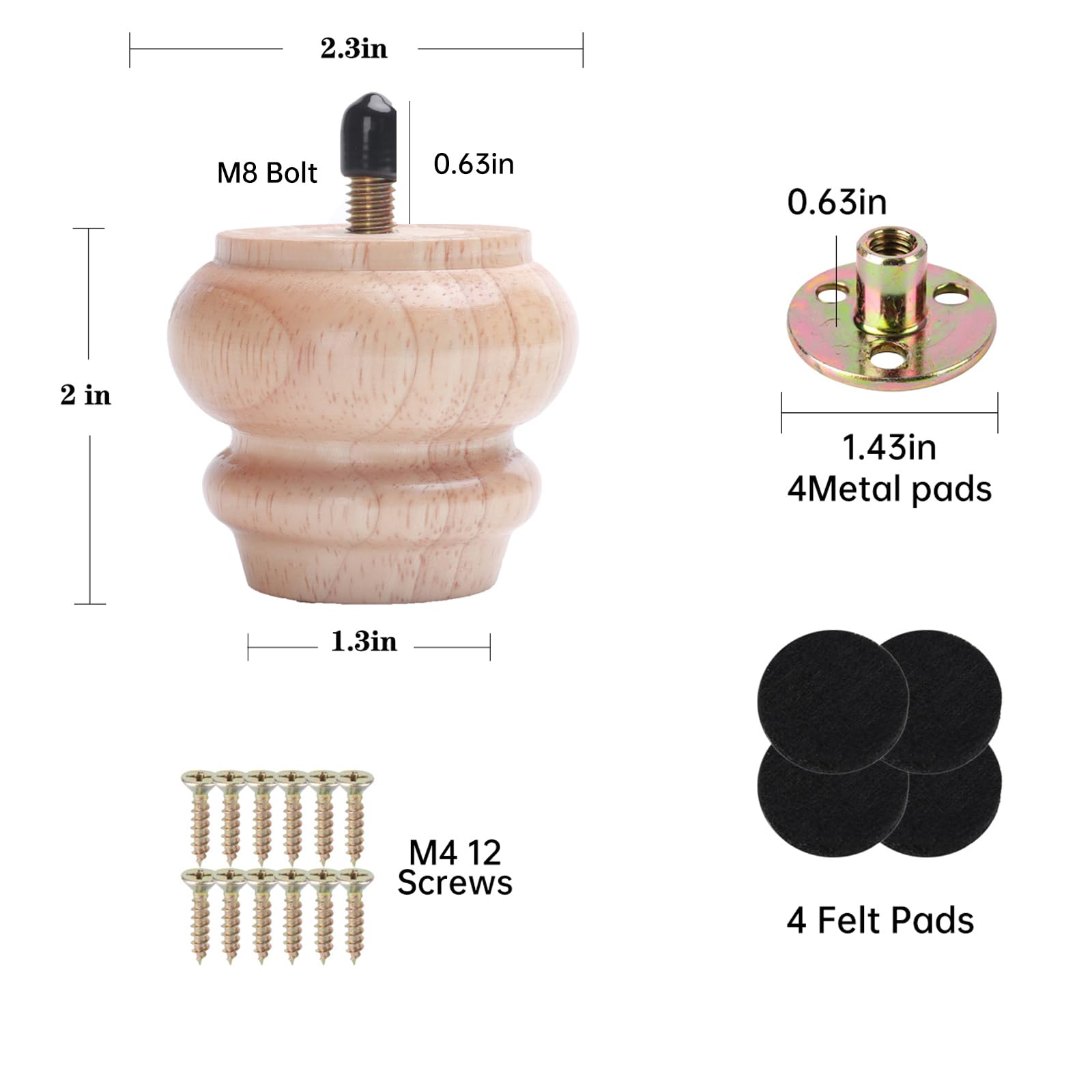 2 Inch Furniture Legs Bun Feet - Set of 4 Replacement Legs for Cabinet, Sofa, Ottoman, TV Stand, Loveseat & Dresser - DIY Home Improvement & Furniture Upgrade Accessories (Perfect for Living Room, Bedroom & Office Decor)