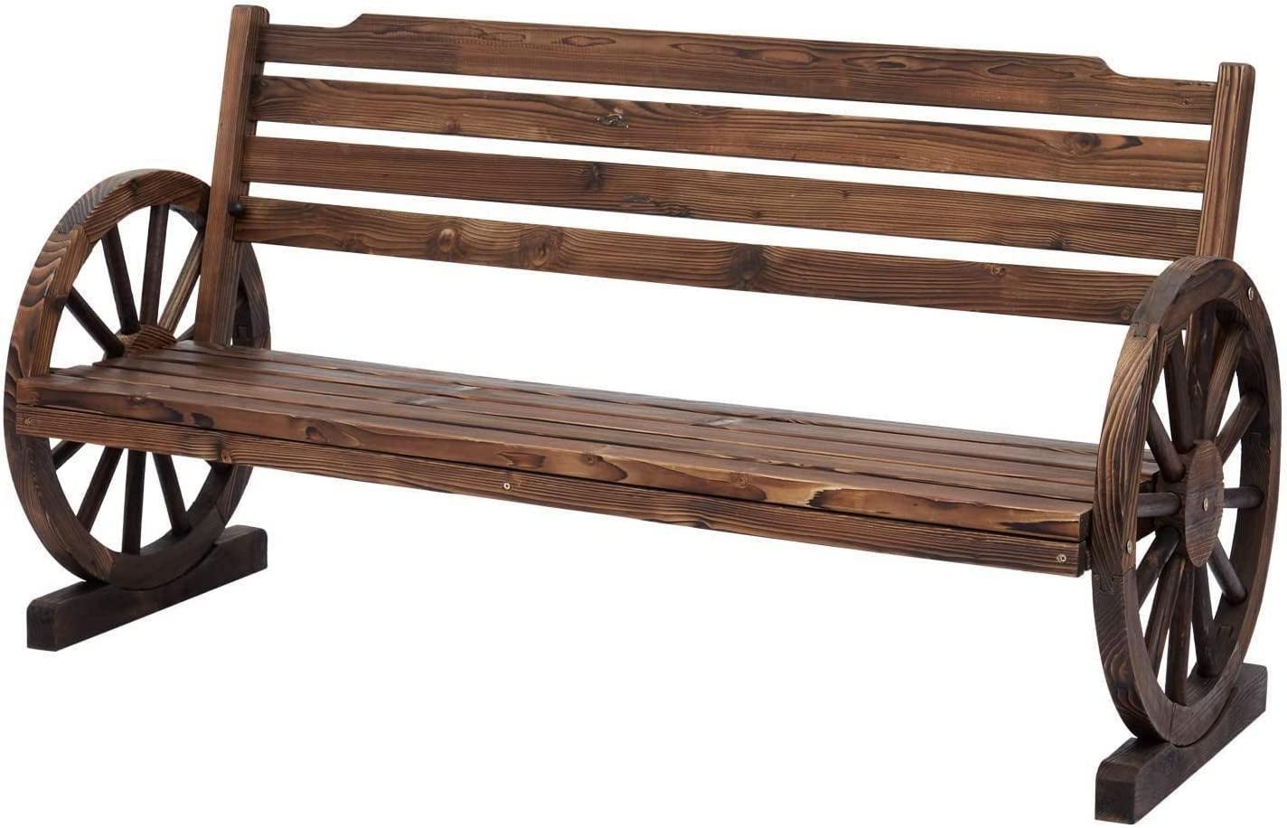 Kinsuite 2-Person Outdoor Wooden Bench - Rustic Wagon Wheel Garden Bench with Slatted Seat & Backrest, Fir Wood Patio Chair for Yard, Garden, and Porch Decor | Perfect for Outdoor Relaxation and Countryside Themed Spaces