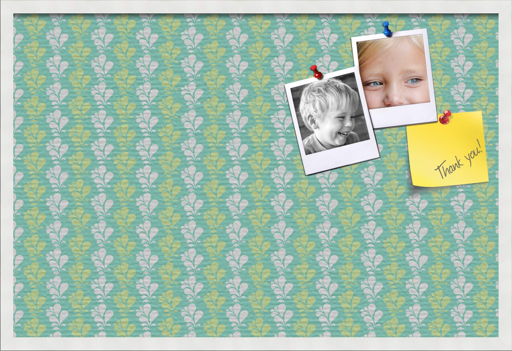 ArtToFrames 36x24 Inch Floral Green Leaves Cork Bulletin Board - 2x3 ft Custom Pin Board with Fabric Canvas Finish & Satin White Frame (PinPix-554-36x24_FRBW26074) - Perfect for Home Office, Classroom, or Dorm Room Decor