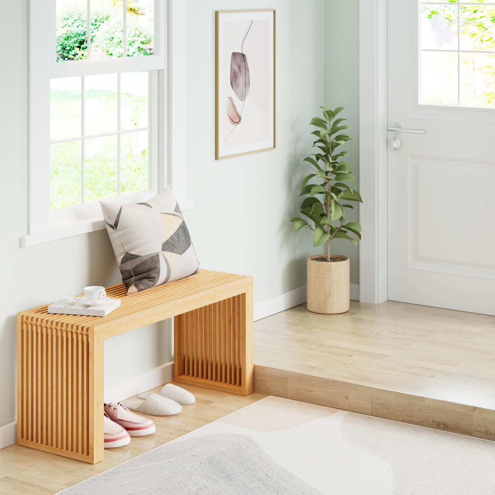 35 Inch Bamboo Bench - Modern Indoor/Outdoor Dining Bench, Entryway Shoe Rack, Living Room Hallway Bedroom Bathroom Seating - Durable & Stylish for Home Decor, Patio, Garden