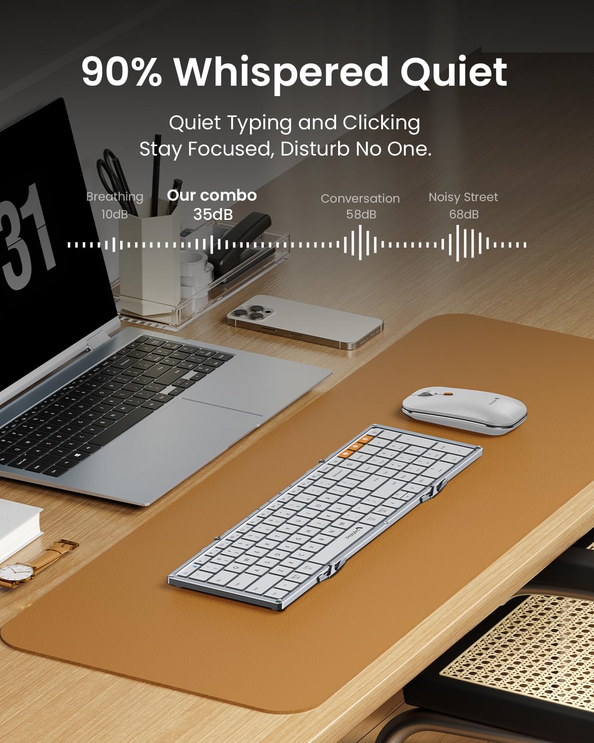 ProtoArc XKM01 Foldable Bluetooth Keyboard and Mouse Combo - Full-Size Portable Wireless Keyboard with 2.4G & Dual Bluetooth for Laptop, iPad, Tablet - White Silver - Perfect for Business Travel & Mobile Office Use