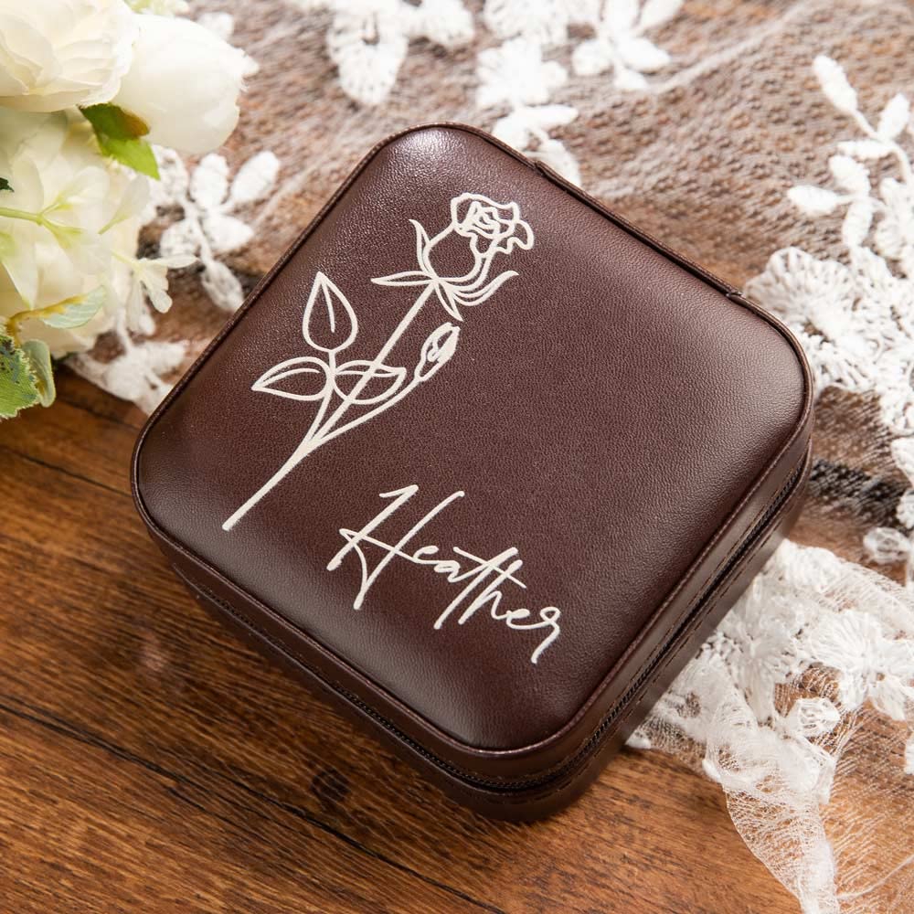 Personalized Birth Flower Jewelry Box for Women - Layered Jewelry Organizer with Name Engraving, Travel Jewelry Case for Earrings, Rings & Necklaces - Perfect Gift for Wedding, Engagement, Birthday (Ideal for Travel, Home Storage & Special Occasions)