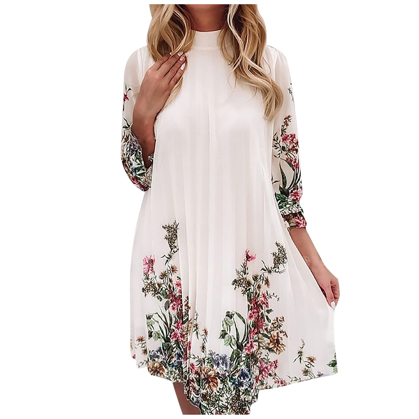 SHOPESSA Women's Floral Print Puff Sleeve Mock Neck Pleated Shift Dress - Casual Party & Beach Wear for Summer Outfits | Perfect for Date Night, Vacation and Outdoor Events