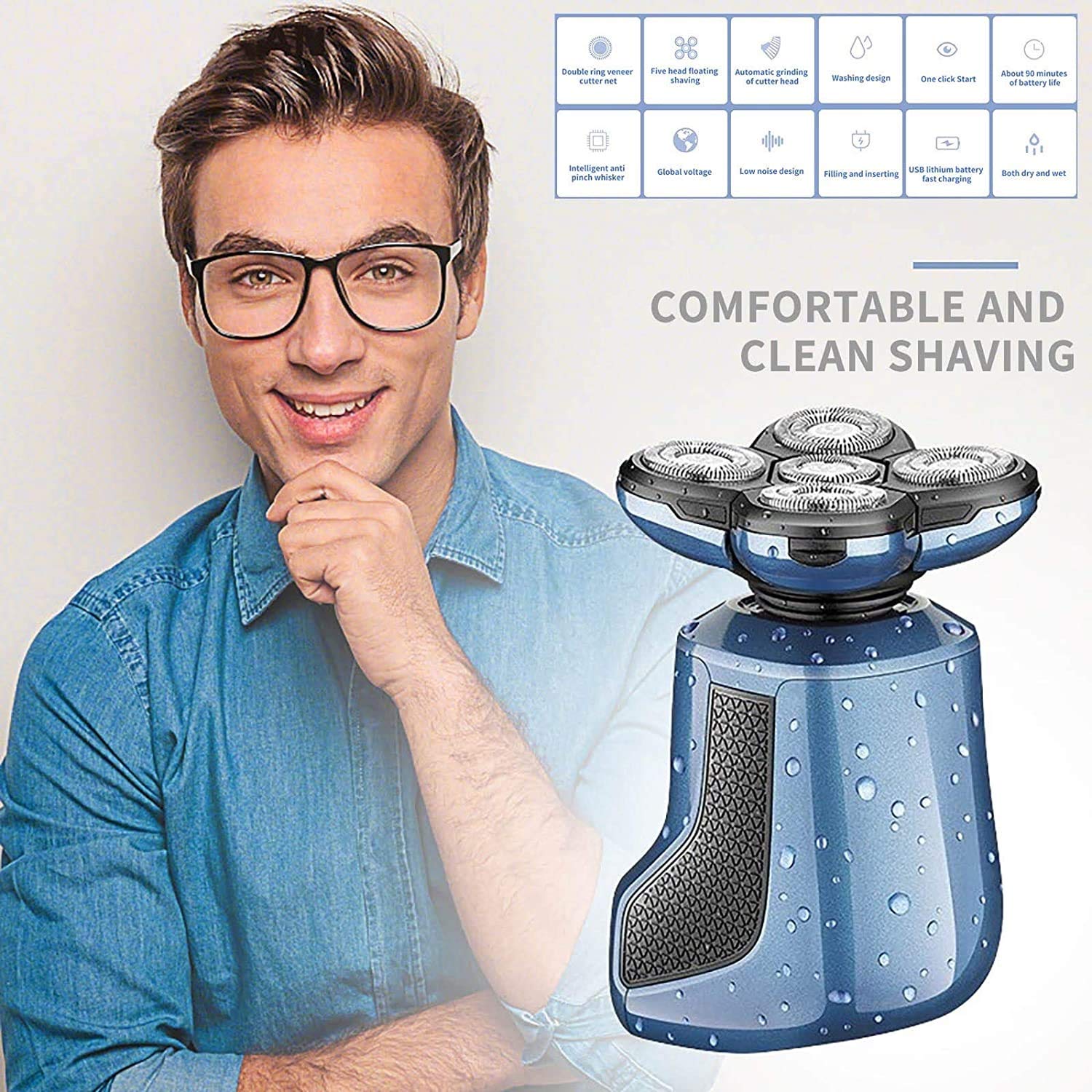 5-in-1 Electric Shaver for Men - Rechargeable Cordless Wet/Dry Rotary Shaver with Bald Head Shaver, Nose Hair Trimmer & Facial Cleansing Brush - Perfect for Travel, Gym & Daily Grooming Routine