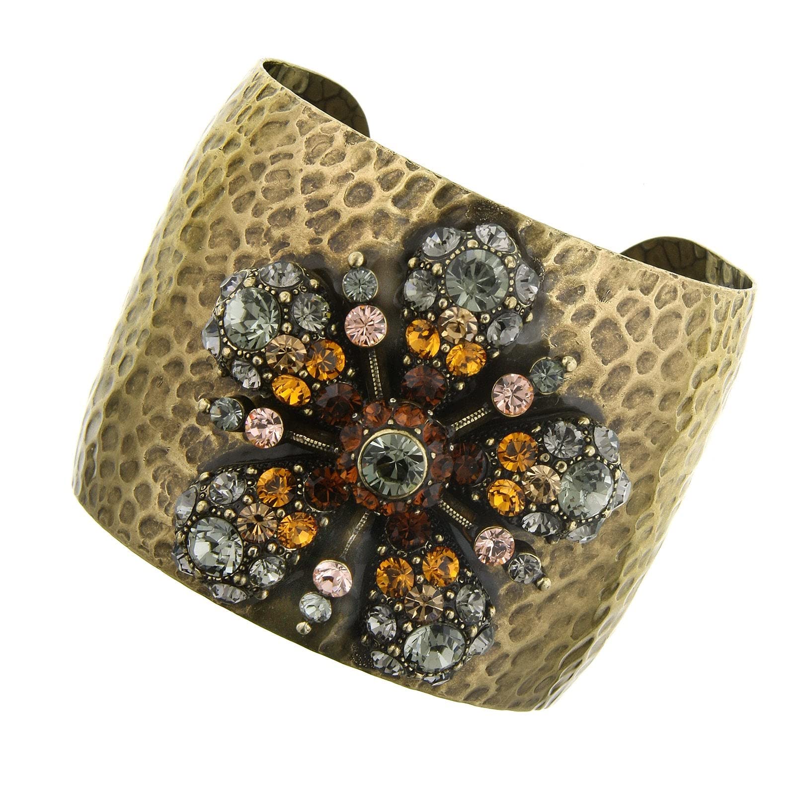 1928 Jewelry Flower Glitz Austrian Crystal Hammered Cuff Bracelet for Women - Elegant Vintage Style Statement Piece for Parties, Weddings & Special Occasions