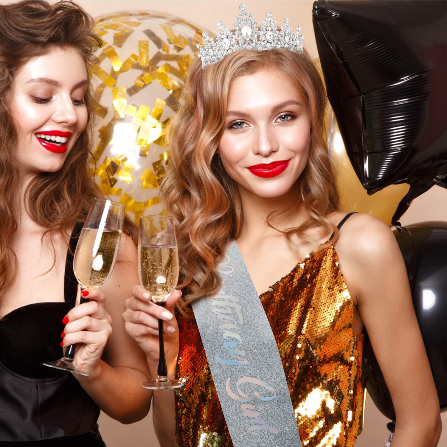 SuPoo Silver Birthday Crown & Sash Set for Women - Crystal Rhinestone Tiara with Comb, Elegant Headband for Birthday Parties, Bridal Showers & Special Events