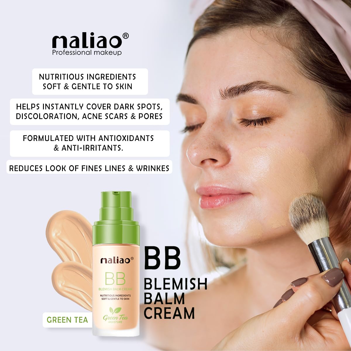 Maliao BB Blemish Balm Cream with Green Tea - Moisturizing, Softening & Gentle Skin Care for Daily Use (Natural Beige) | Perfect for Oily Skin, Acne-Prone Skin & Everyday Makeup Base