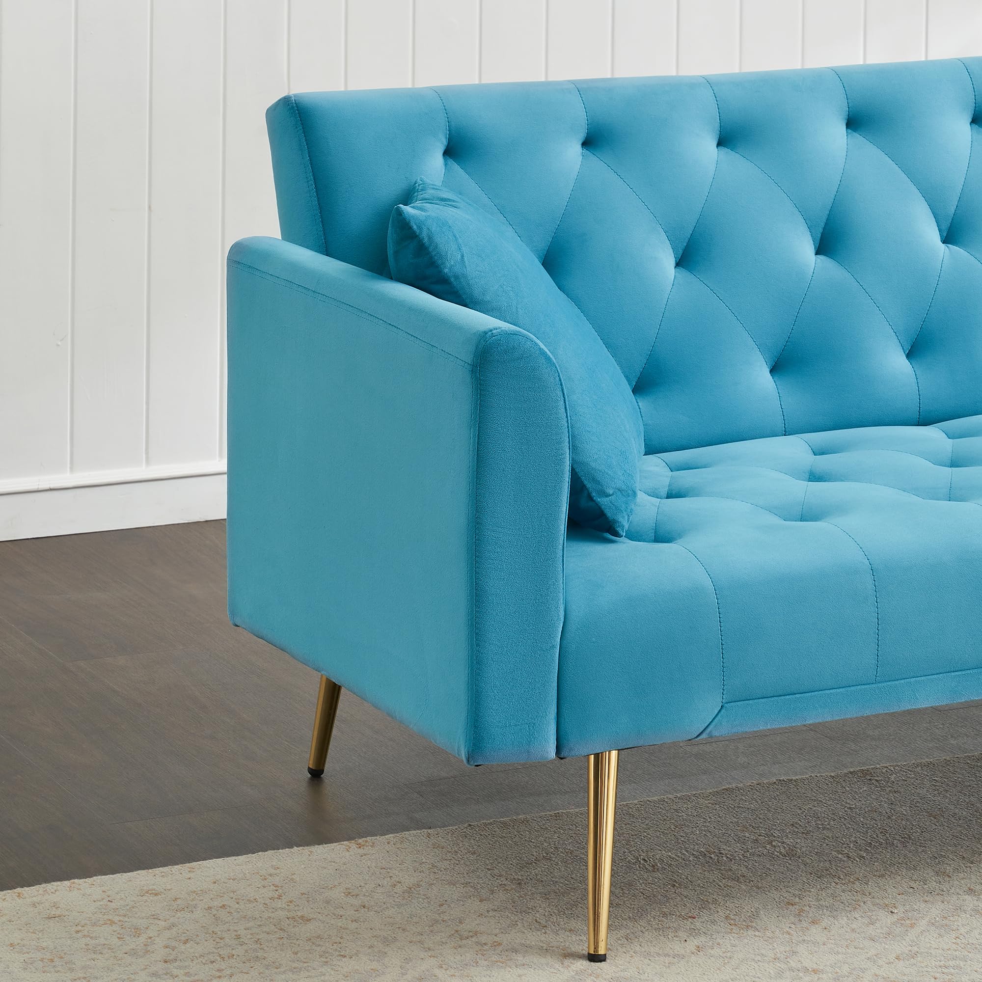 Modern Velvet Sofa Bed Futon - 2-in-1 Convertible Sleeper Couch with Golden Metal Legs & 2 Pillows - Space-Saving Folding Recliner Loveseat for Small Apartments, Living Room, Office, Guest Room (Pale Blue) - Perfect for Studio Living, Overnight Guests & Multi-Functional Spaces