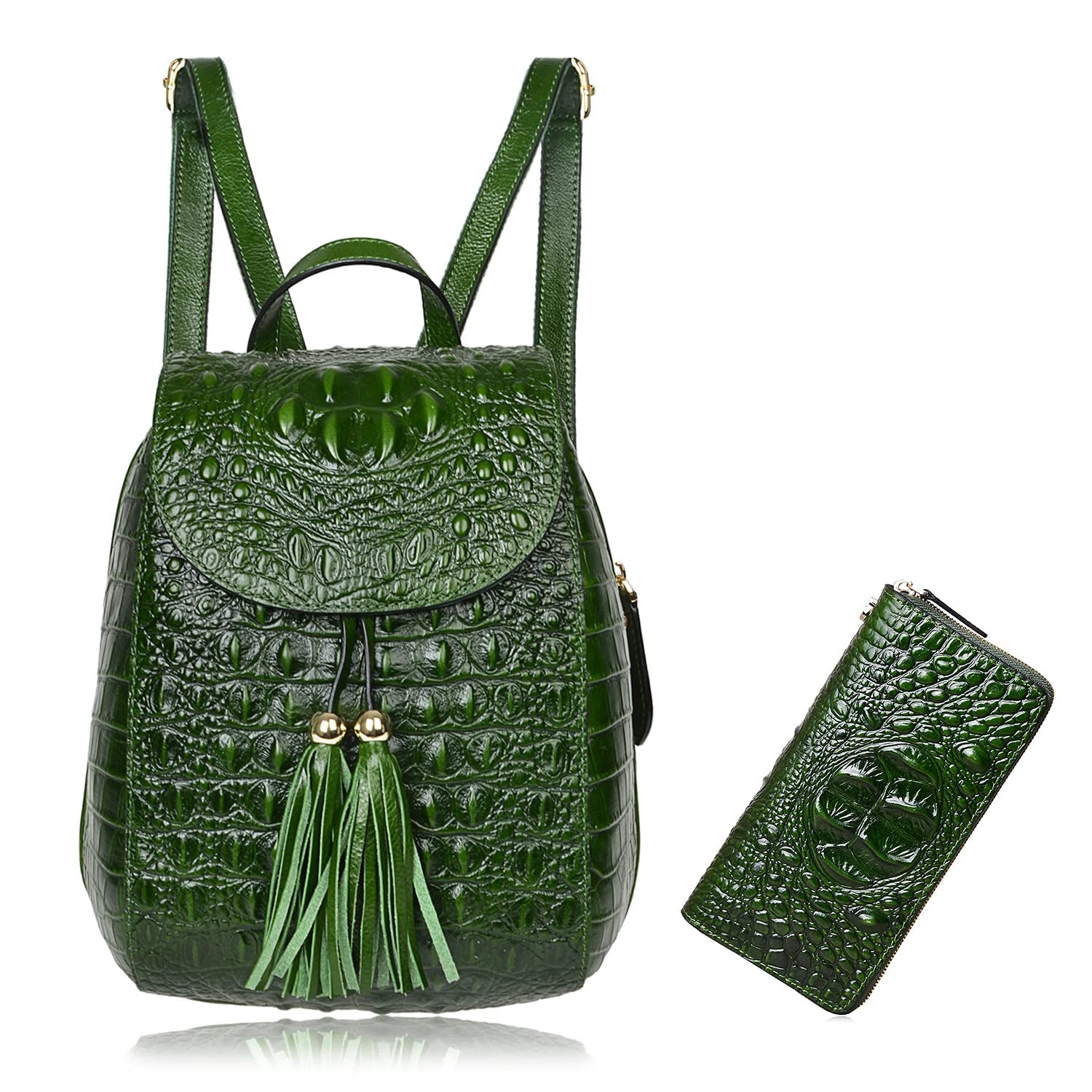 PIJUSHI Women's Crocodile Leather Backpack & Wallet Set - Stylish Casual Purse with Wristlet Clutch for Work, Travel & Daily Use