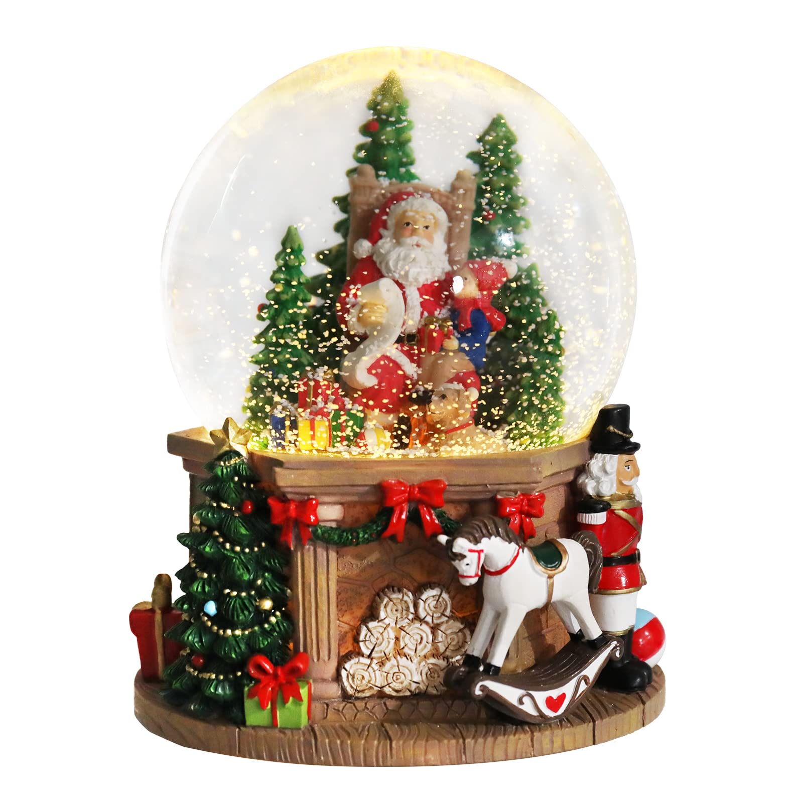 Taman Christmas Snow Globe with Santa, Gifts & White Horse - Musical Nutcracker with Swirling Glitter Snowflakes & LED Lights - Festive Tabletop Holiday Decor for Home, Office & Christmas Tree Display