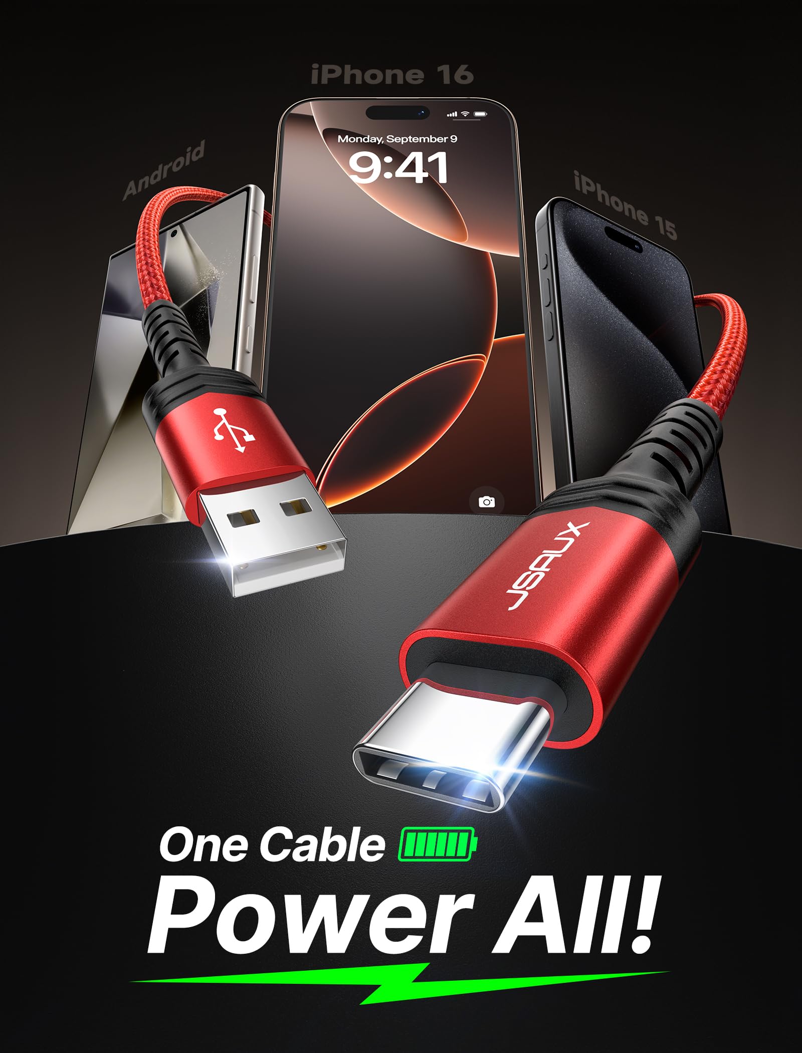 JSAUX USB C to USB A Cable 2-Pack 6.6ft, Fast Charging 3.1A Cord Compatible with iPhone 16/15 Series, Samsung Galaxy S20/S10/S9, Note 20/10, CarPlay - Red | Perfect for Home, Office & Car Charging