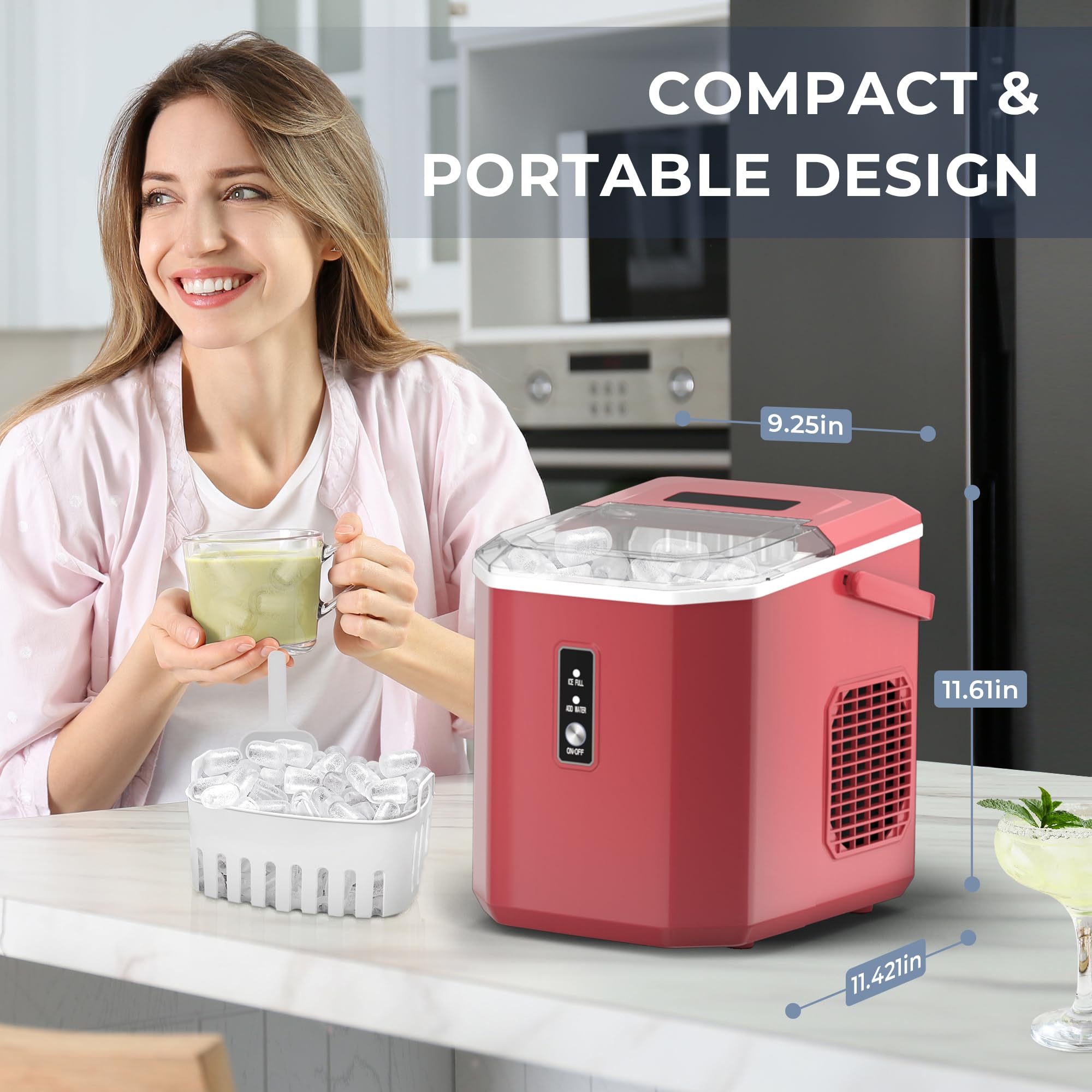 EUHOMY Portable Countertop Ice Maker - 9 Ice Cubes in 6 Minutes, 26lbs Daily Output, Self-Cleaning with Ice Scoop & Basket, Compact Ice Machine for Home, Kitchen, Office, RV, Camping & Parties (Red)