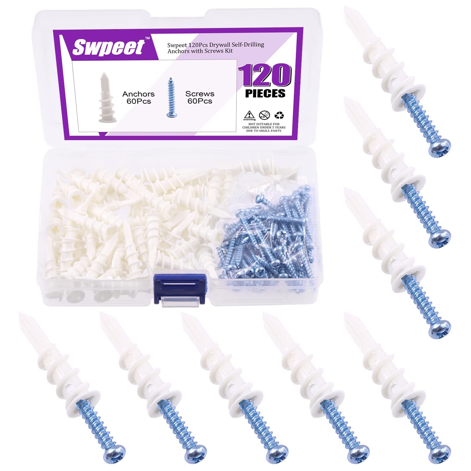Swpeet 200Pcs Drywall Self-Drilling Anchors with Screws Kit + 120Pcs Plastic Self-Drilling Wall Anchors - Heavy Duty Hanging Solutions for Pictures, Shelves & Home Decor