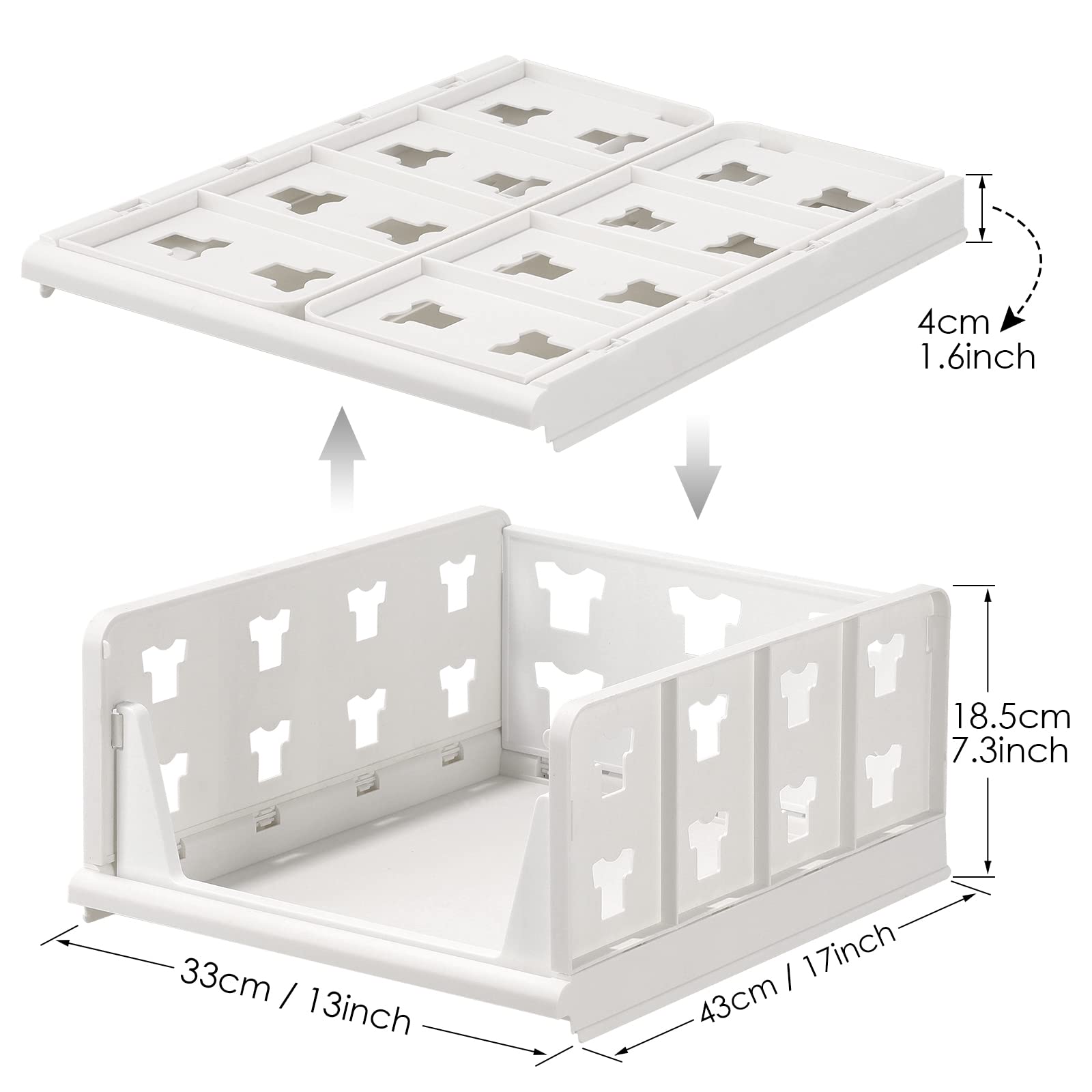 Hossejoy 4 Pack Stackable Plastic Wardrobe Closet Shelves - Foldable Clothes Drawer Organizer with Clothes Pattern - Storage Bins for Bedroom, Office, Kitchen & Bathroom Organization (White) - Perfect for Small Spaces & Closet Storage Solutions