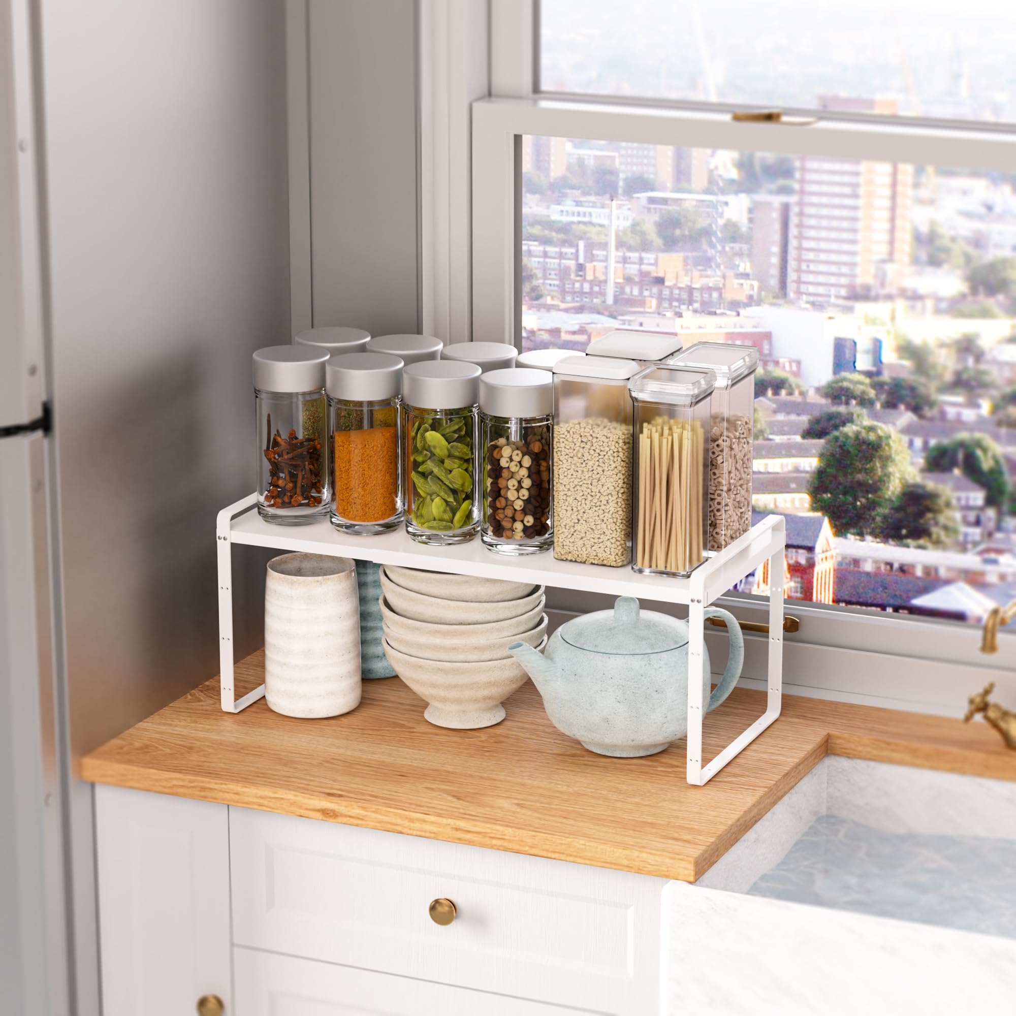 SANNO Expandable Kitchen Shelf Organizer - Large Stackable Counter Shelf for Spices, Pantry & Cupboard Storage - Space Saving White Organizer (1 Pack) - Perfect for Small Kitchens & Cluttered Countertops