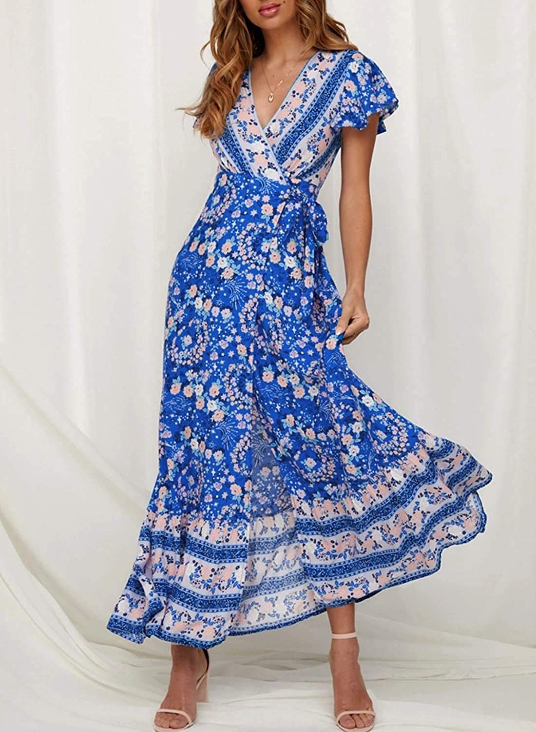 ZESICA Women's Bohemian Floral Print Wrap V-Neck Short Sleeve Maxi Dress for Beach Party, Vacation & Summer Outfits | Split Hem & Flowy Design