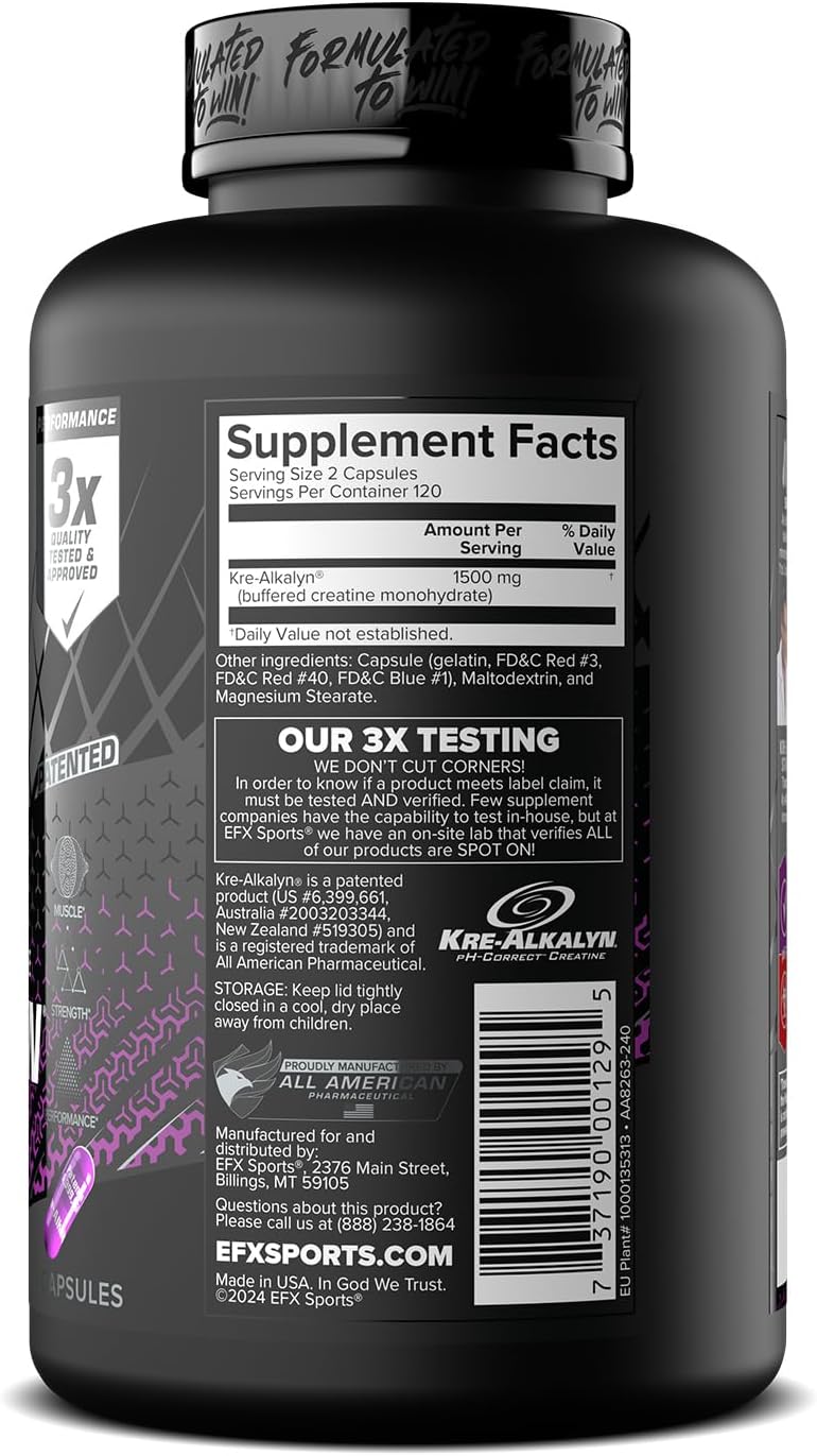 EFX Sports Kre Alkalyn EFX - 120 Capsules | Creatine Supplement for Muscle Growth, Strength & Performance | Pre-Workout & Post-Workout Recovery