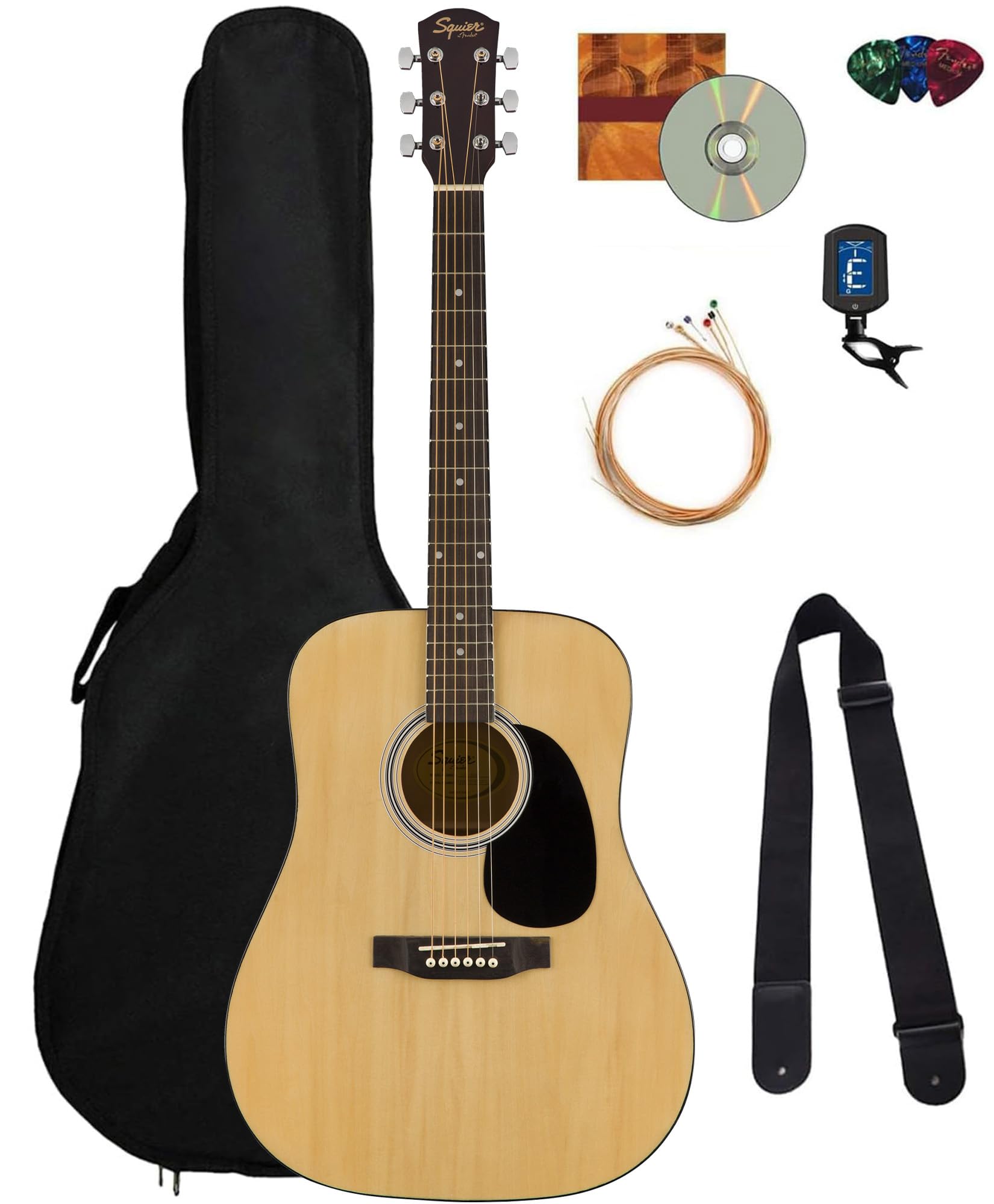 Fender Dreadnought Acoustic Guitar Bundle - Natural Finish with Gig Bag, Strap, Strings, Picks & Online Lessons | Perfect for Beginners, Campfire Singalongs & Home Recording Studios