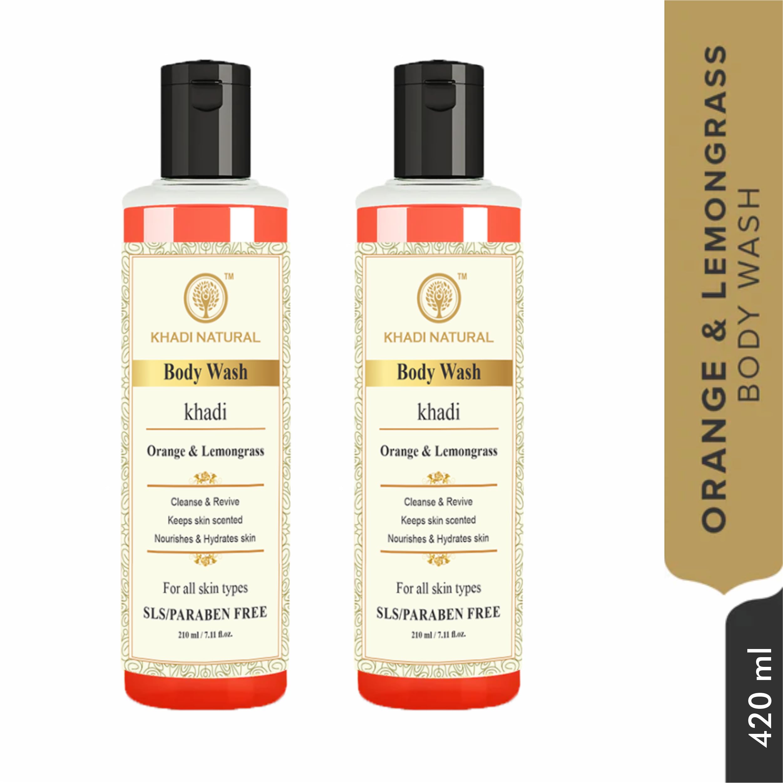 Khadi Natural Herbal Orange & Lemongrass Body Wash - Deep Cleansing & Revitalizing Shower Gel for All Skin Types | Regulates Oil, Prevents Blemishes | 210ml Twin Pack | Perfect for Daily Shower & Spa Relaxation