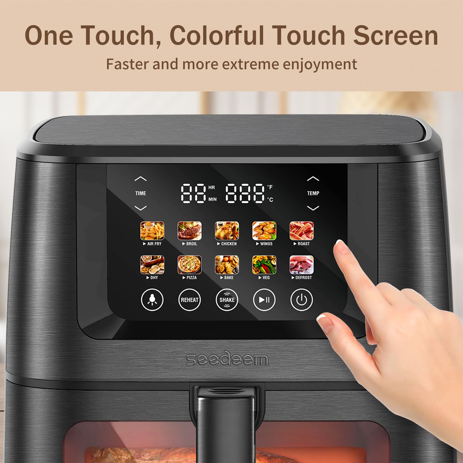 SEEDEEM Max XL 8-Quart Air Fryer Oven - 10-in-1 Countertop Convection Toaster Oven with LCD Touchscreen, Clear View Window - Bake, Roast, Broil, Dehydrate - Perfect for Family Dinners, Meal Prep & Healthy Cooking (Black)