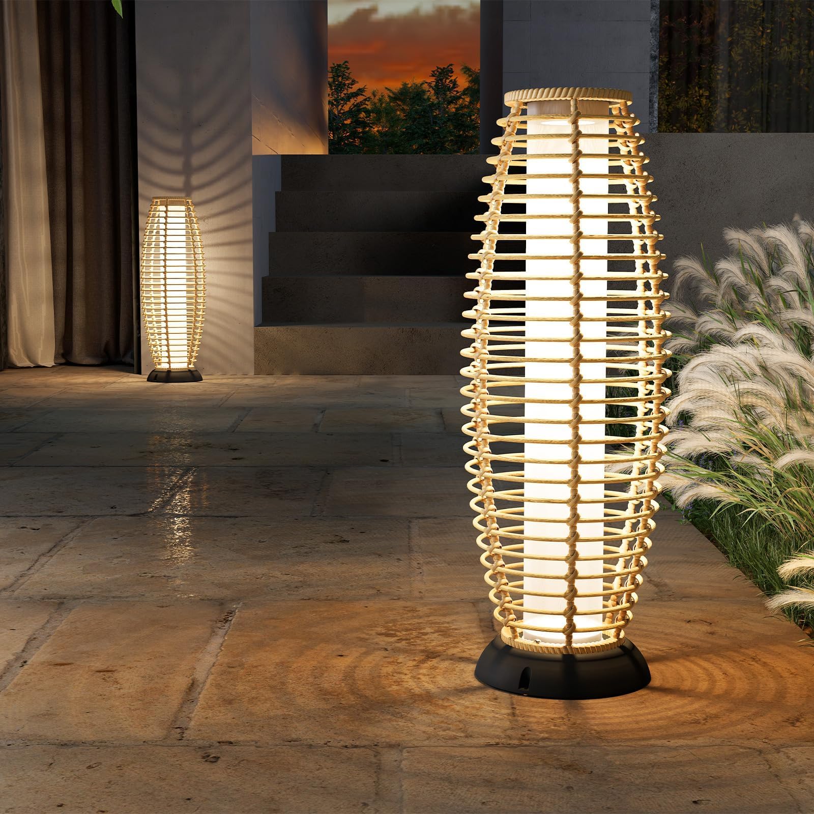 2-Pack Solar Powered Outdoor Floor Lamps - Weather-Resistant Wicker Patio Lights for Garden, Deck & Backyard - Large Solar Lanterns in Austin Natural Brown - Perfect for Evening Gatherings & Landscape Lighting