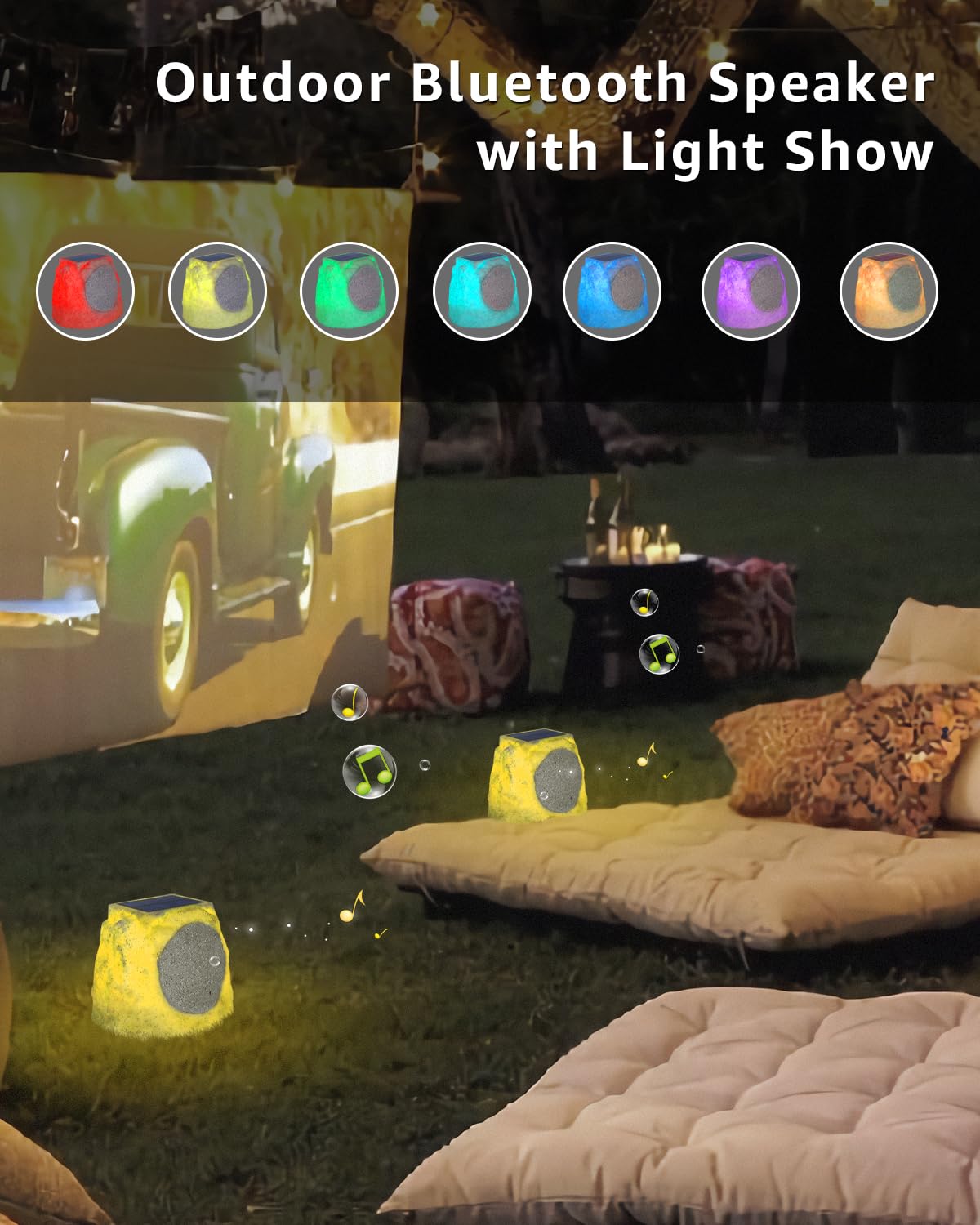 Outdoor Bluetooth Rock Speakers - Solar Powered, Waterproof, Wireless with RGB Lights & TWS Pairing - All Weather Resistant for Patio, Deck, Pool, Garden, BBQ (2-Pack) - Perfect for Outdoor Parties, Camping, and Backyard Entertainment