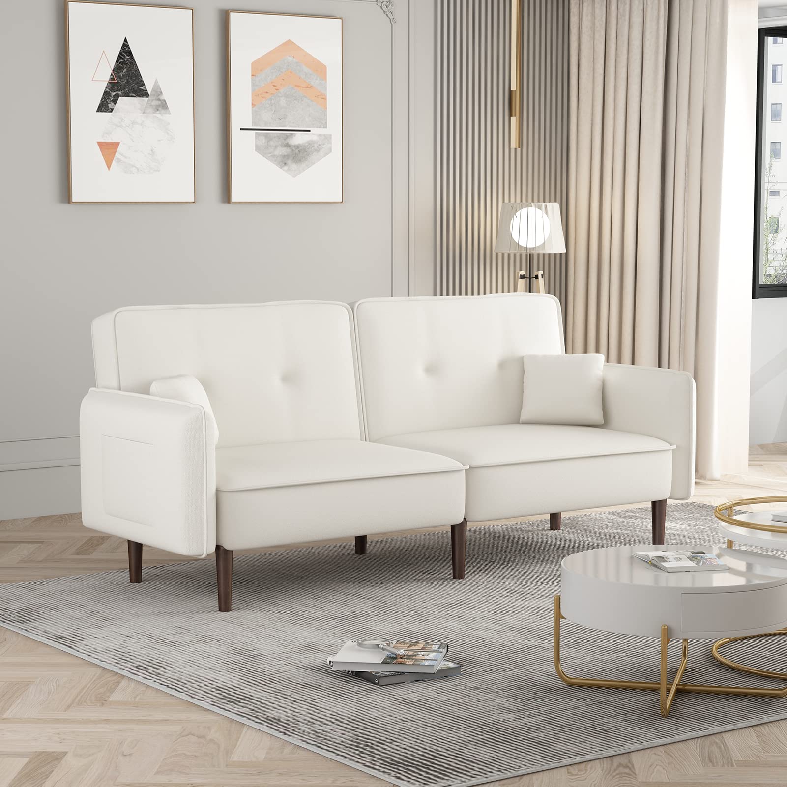 Rophefx Convertible Futon Sofa Bed - 3 Adjustable Backrest Angles, Sleeper Couch with 2 Pillows, Space-Saving Loveseat for Small Apartments - Perfect for Living Room, Bedroom & Guest Room (White)