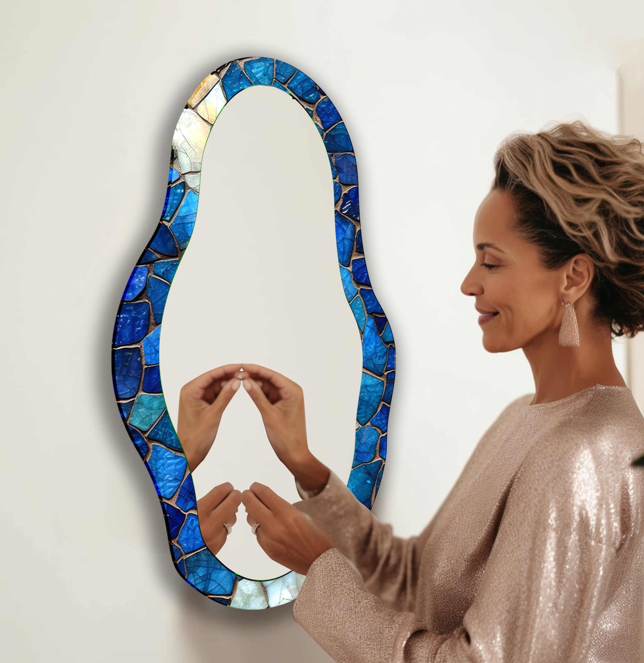 Blue Mosaic Asymmetrical Wall Mirror - Handcrafted Boho Decor for Living Room, Bedroom & Entryway - Unique Decorative Mirror for Home & Office