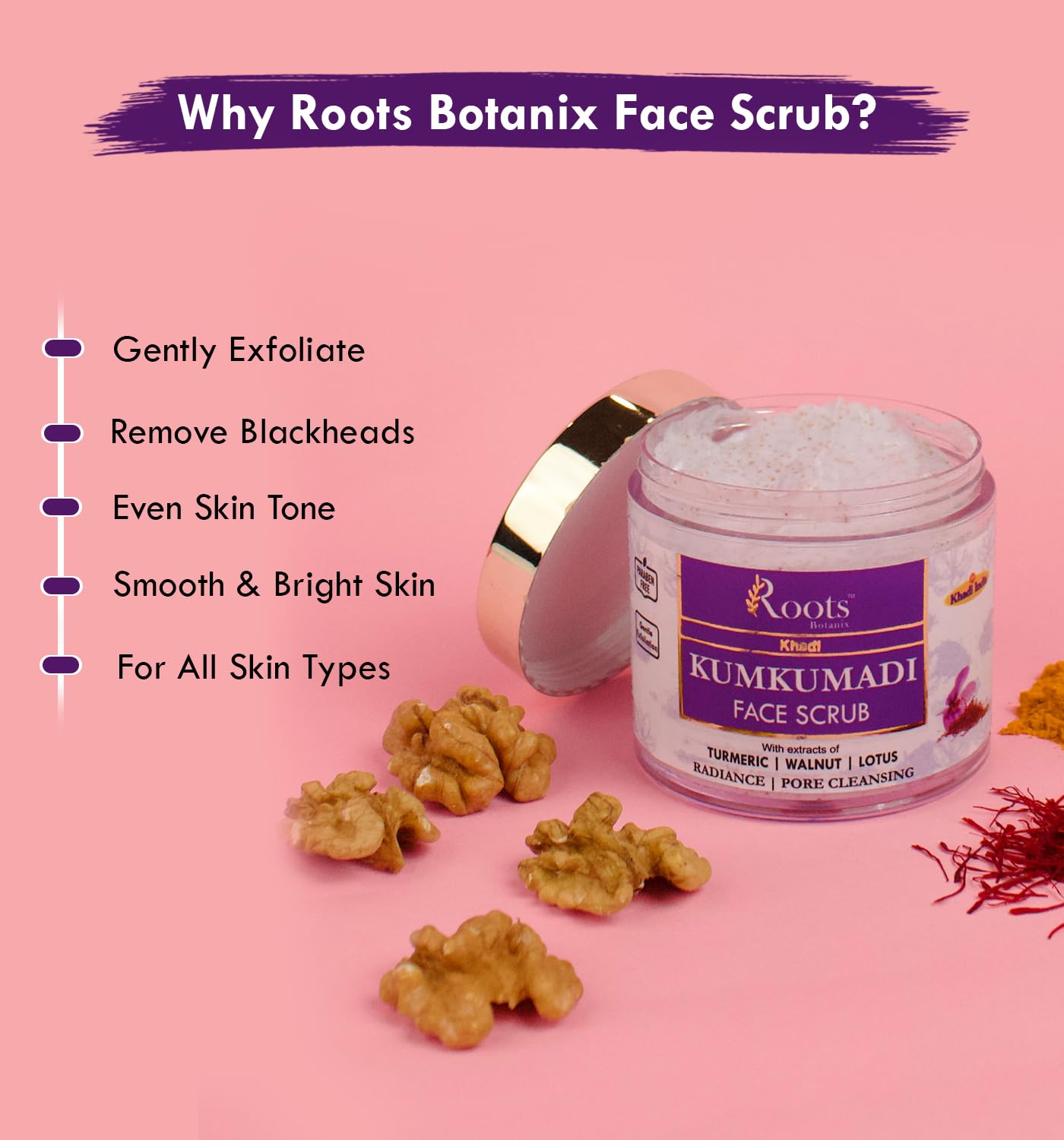 Roots Botanix Kumkumadi Face Scrub - Natural Pore Cleansing & Gentle Exfoliation with Lotus, Turmeric & Walnut (100g) for Glowing Skin - Perfect for Daily Skincare Routine & Acne-Prone Skin