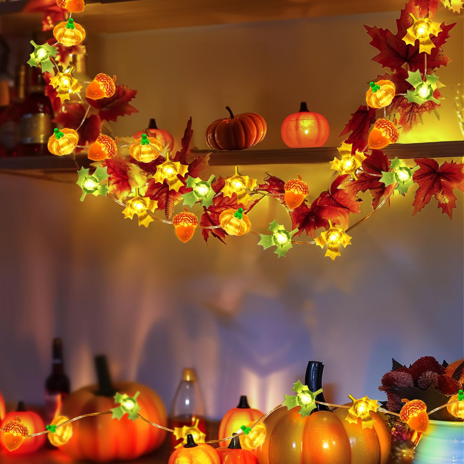 30 LED Pumpkin Maple Leaf Fairy String Lights - 10ft Battery Operated Autumn Decor for Indoor/Outdoor - Fall Harvest Table, Halloween & Thanksgiving Party Decorations - Perfect for Home, Garden, and Seasonal Celebrations