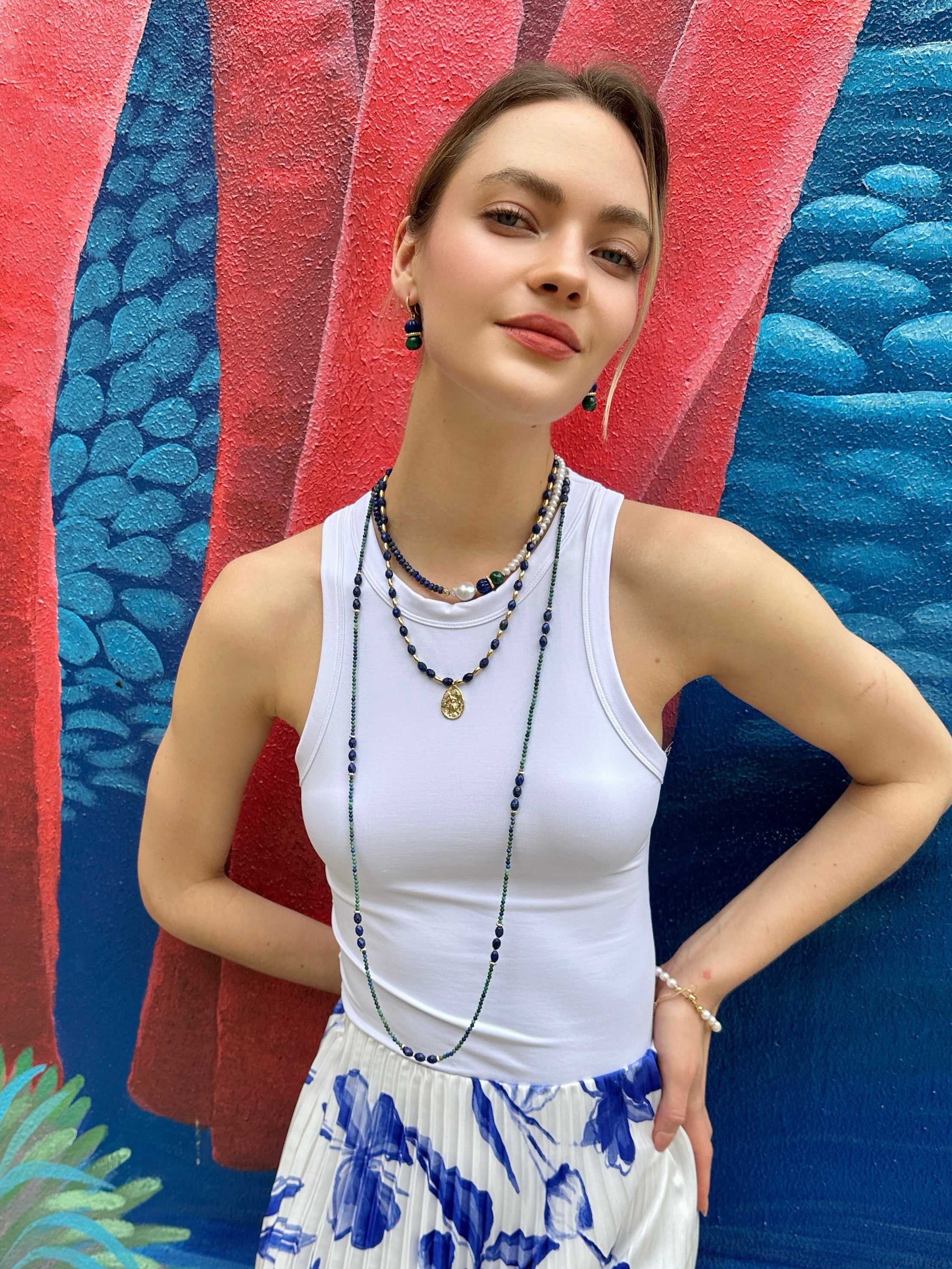 Blue Lapis and Green Malachite Gemstone Earrings LE025 - Elegant Handmade Jewelry for Women, Perfect for Parties, Weddings & Special Occasions